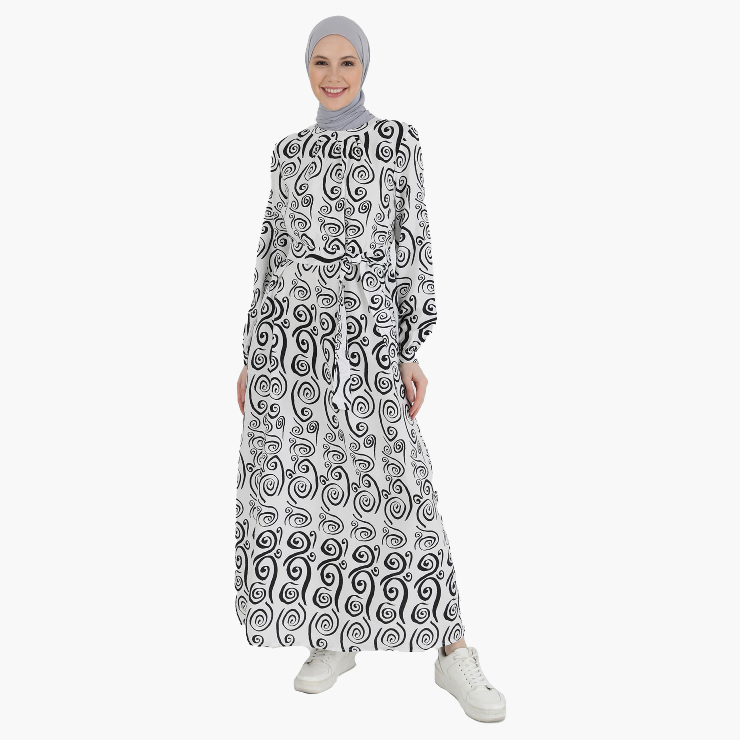 Modanisa Printed Crew Neck Tie Belt Modest Dress-women-clothing-dresses-image-1