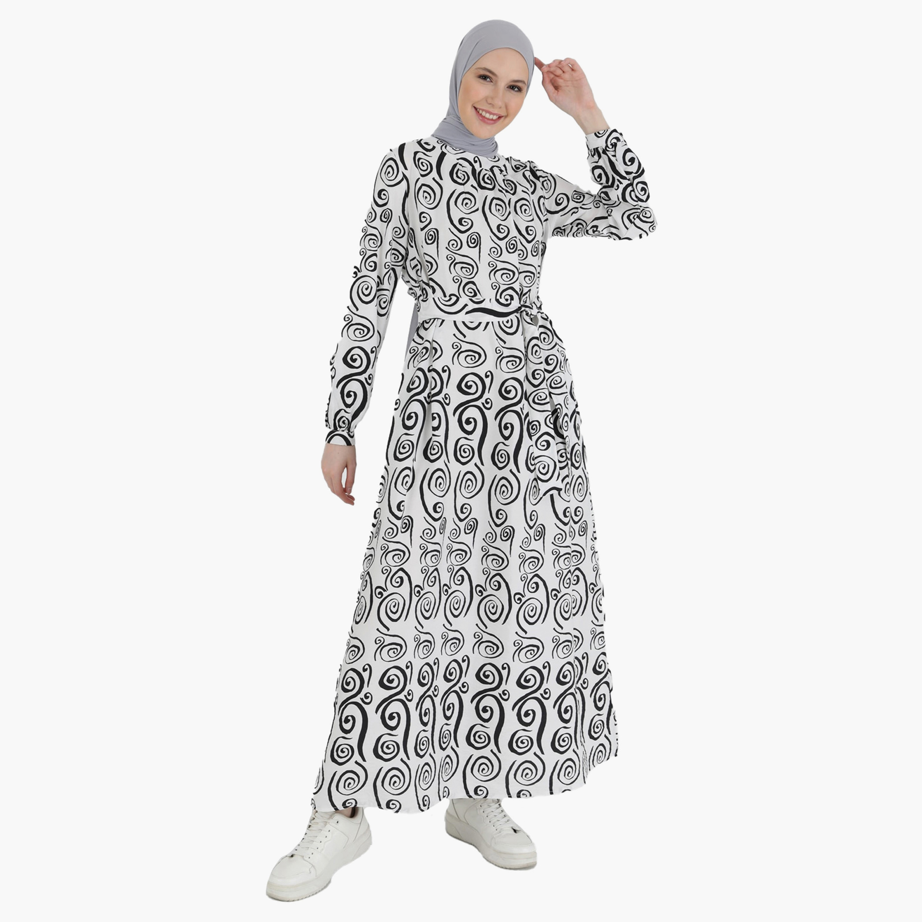Modanisa Printed Crew Neck Tie Belt Modest Dress-women-clothing-dresses-image-2