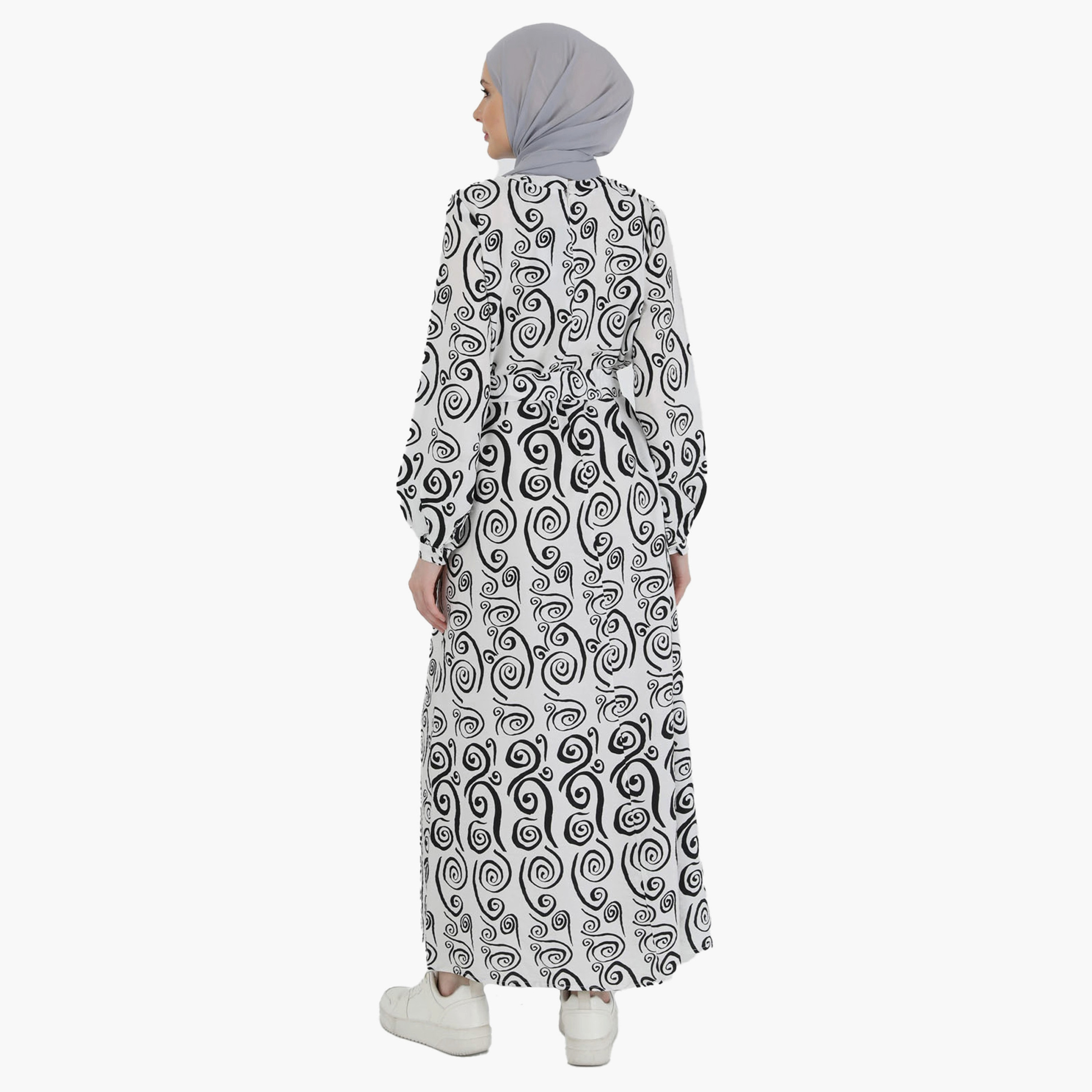 Modanisa Printed Crew Neck Tie Belt Modest Dress-women-clothing-dresses-image-5