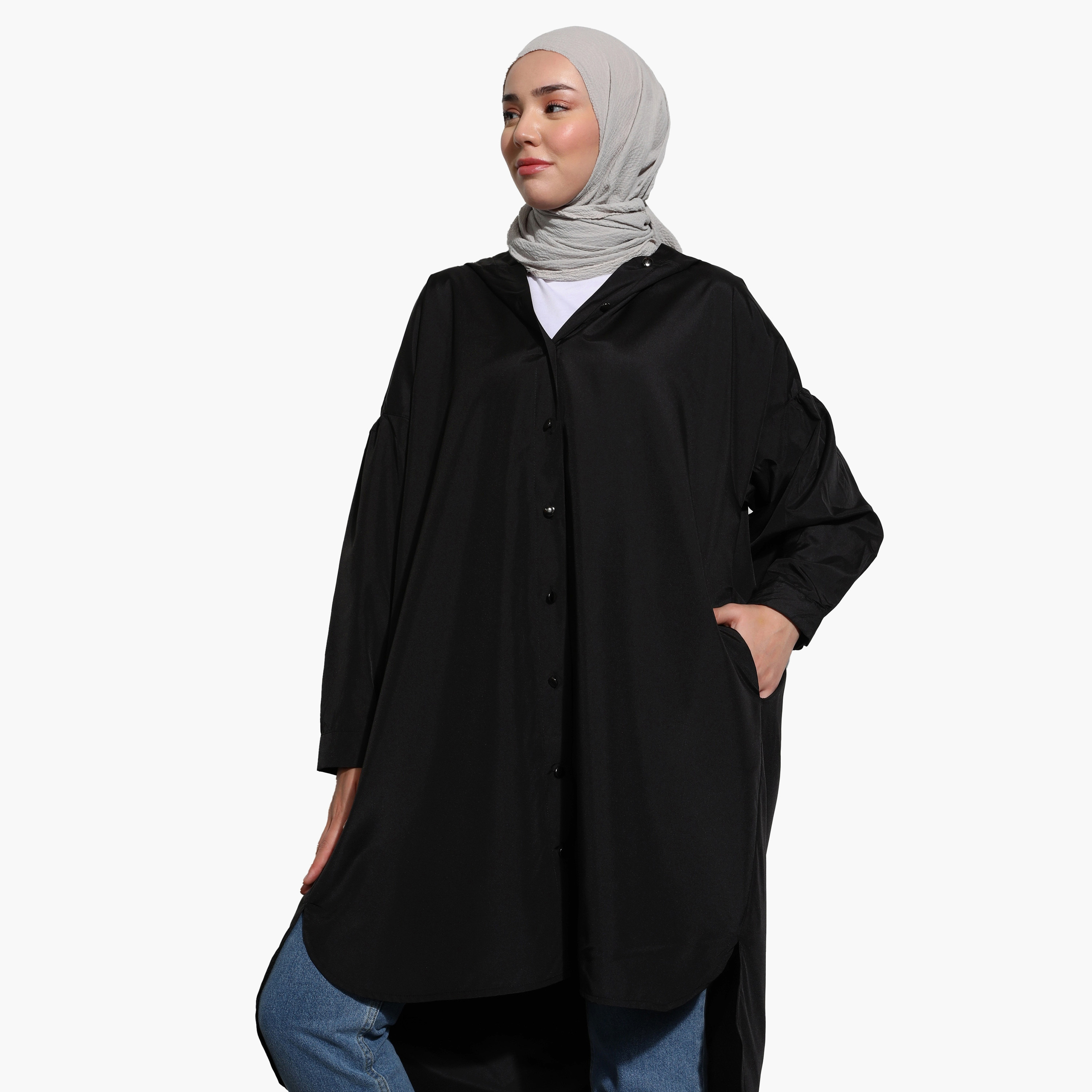 معطف علوي سادة بغطاء للرأس وإغلاق بزر من مودانيسا-women-winterwear-coatsandjackets-coats-image-3