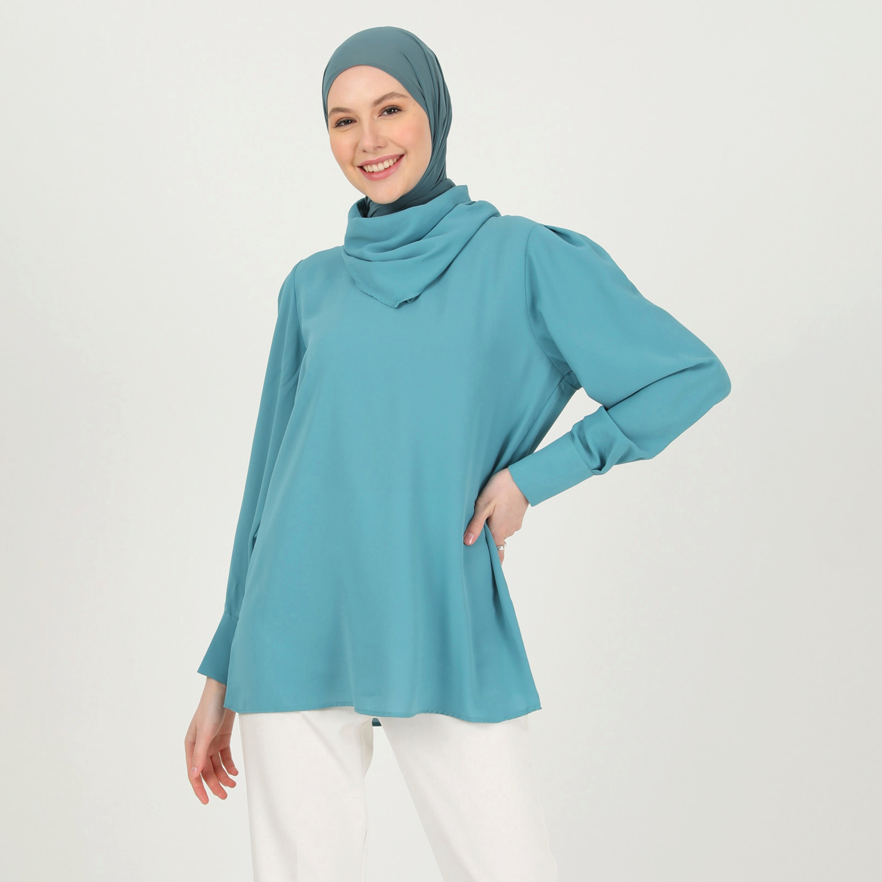 بلوزة مودانيسا سادة وياقة سكارف وأكمام طويلة-women-clothing-shirtsandblouses-blouses-image-1