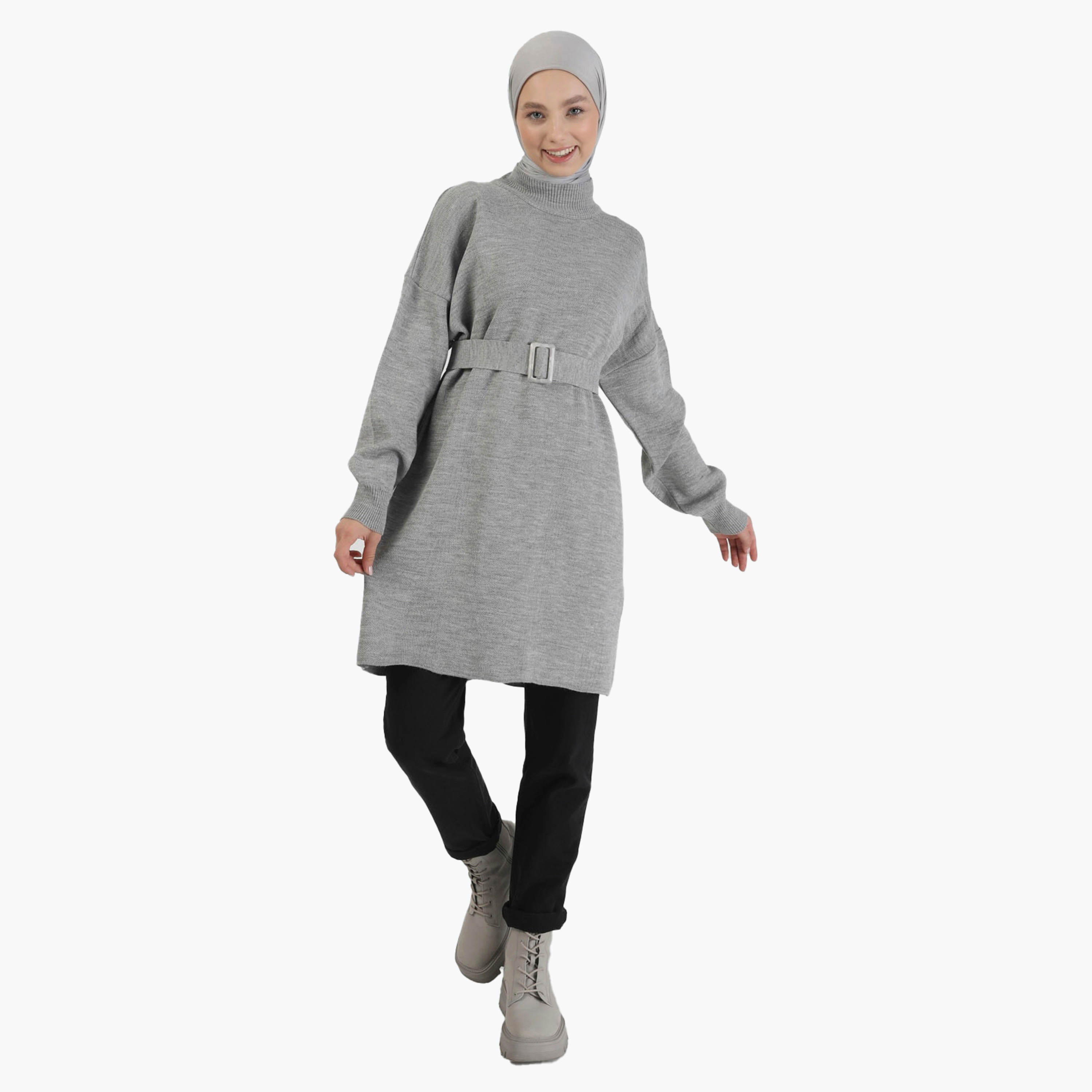 Modanisa High Neck Belted Knit Tunic-women-clothing-shirtsandblouses-blouses-image-1