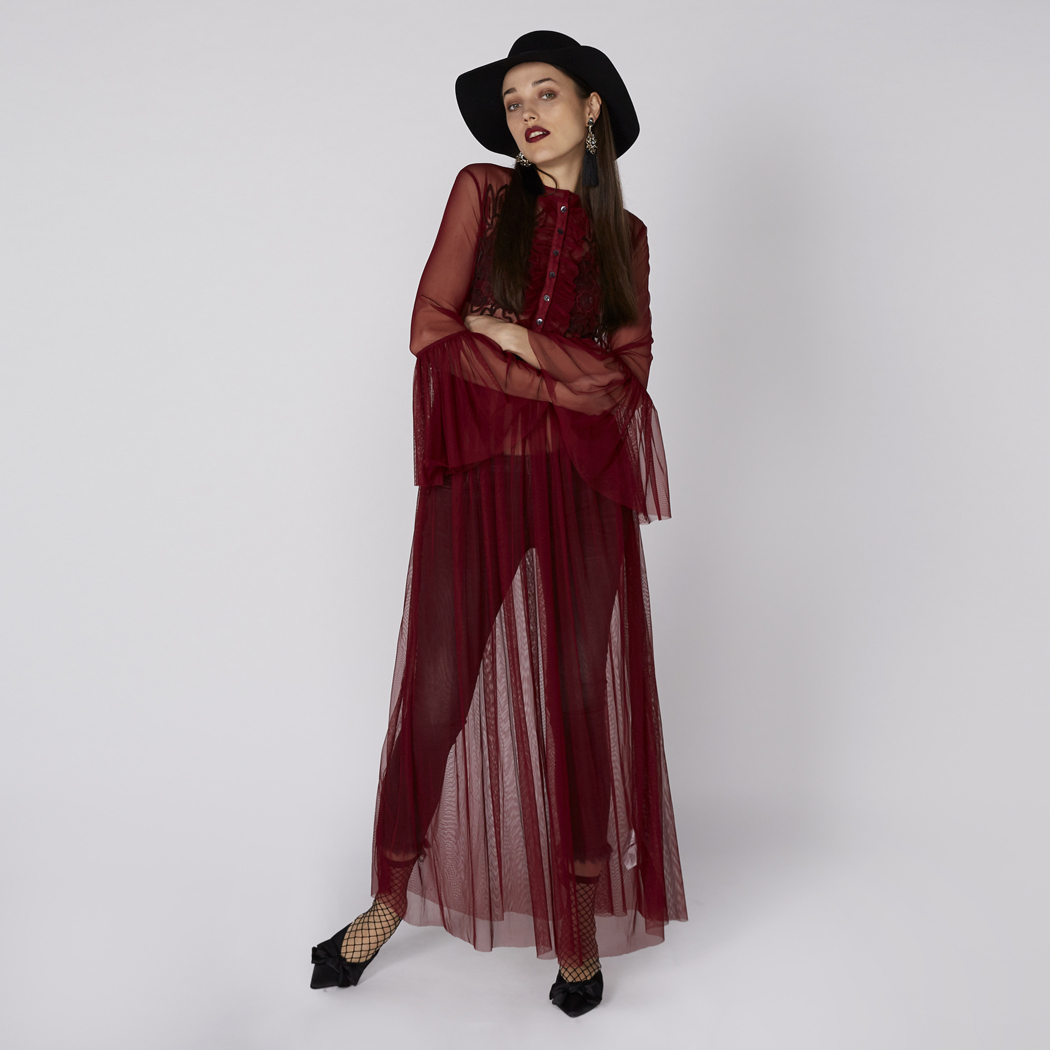 Buy Embroidered Mesh Maxi Dress with Long Sleeves and Lining Splash UAE