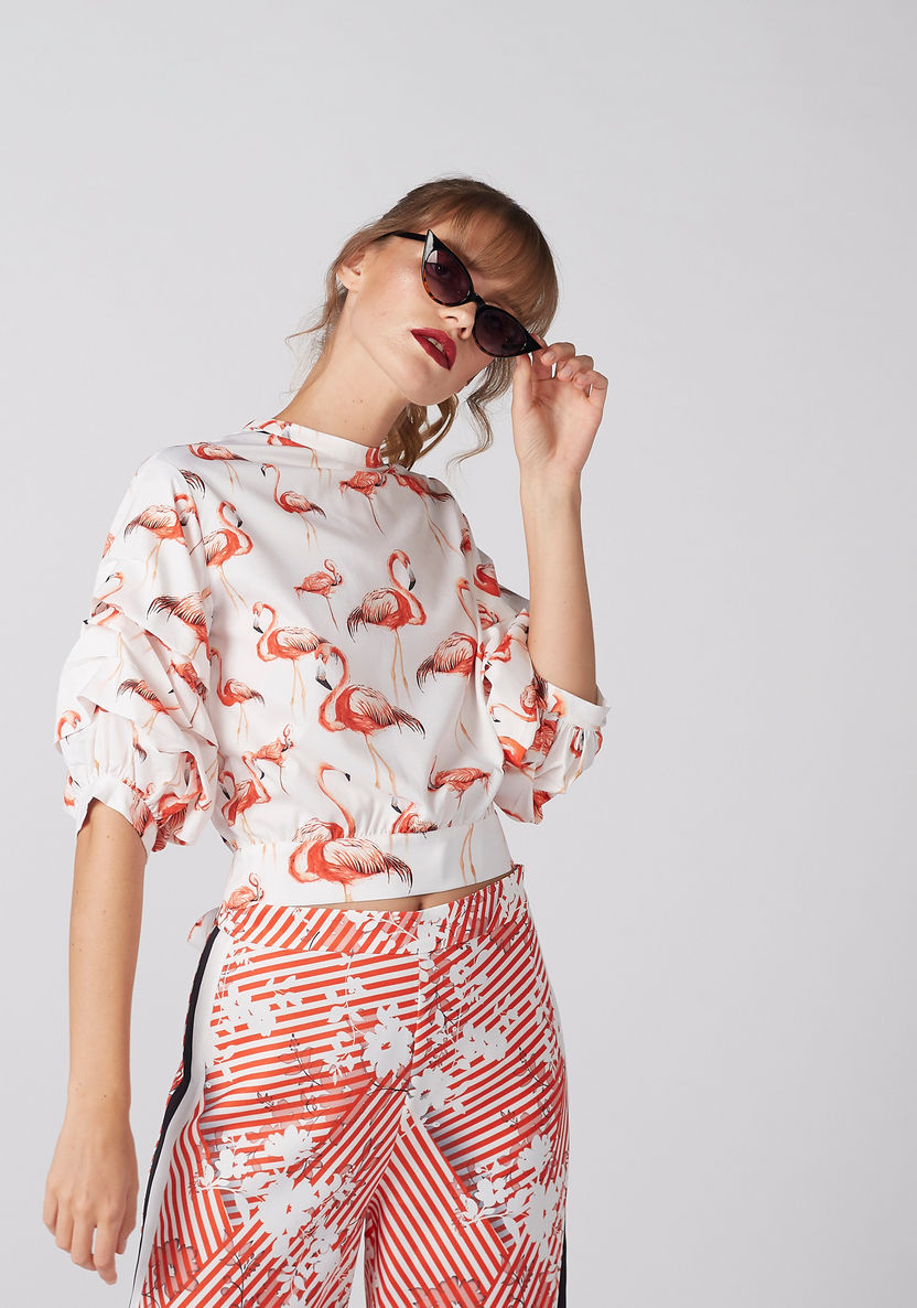 Flamingo Printed Top with Zip Closure and Tie Ups-Shirts and Blouses-image-0
