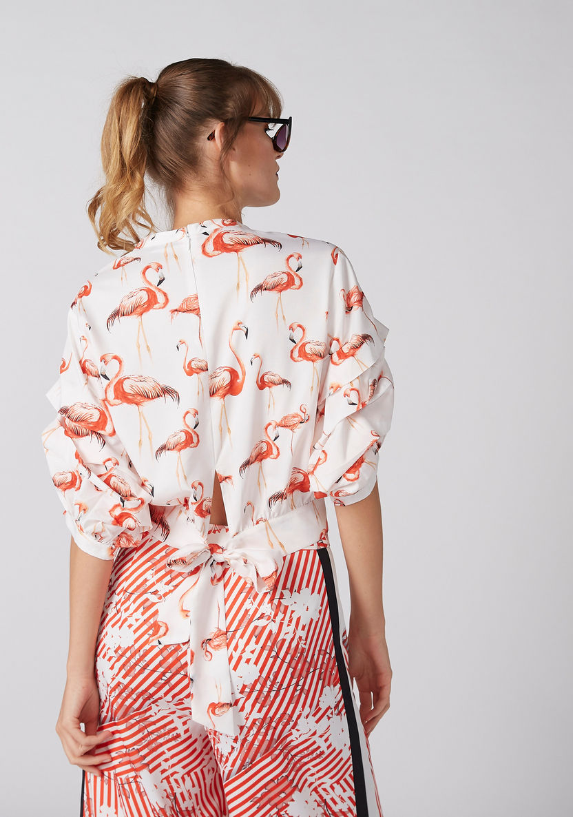Flamingo Printed Top with Zip Closure and Tie Ups-Shirts and Blouses-image-1