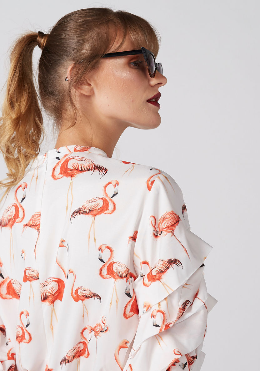 Flamingo Printed Top with Zip Closure and Tie Ups-Shirts and Blouses-image-2
