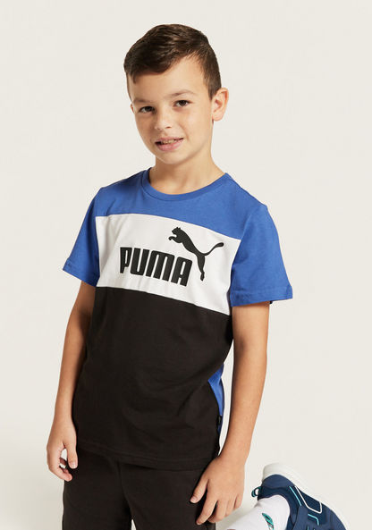 PUMA Logo Print Colourblock Round Neck T-shirt with Short Sleeves-T Shirts-image-0