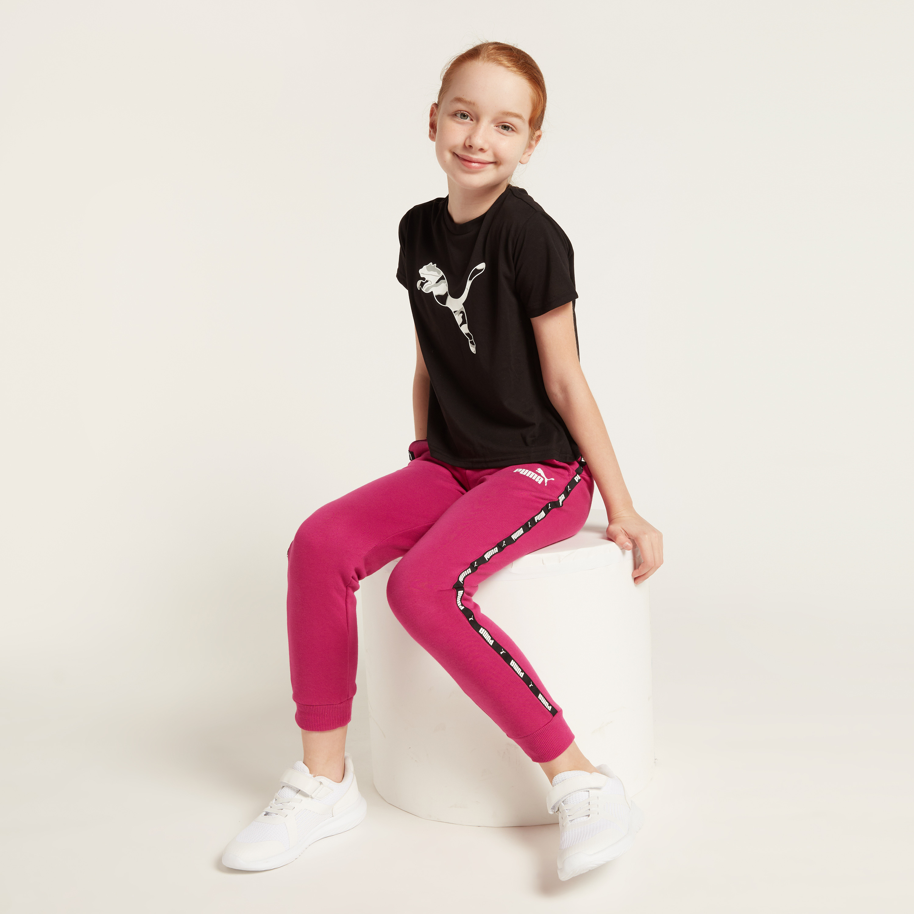 PUMA Logo Print Crew Neck T-shirt with Short Sleeves-girls-clothing-tshirts-image-1