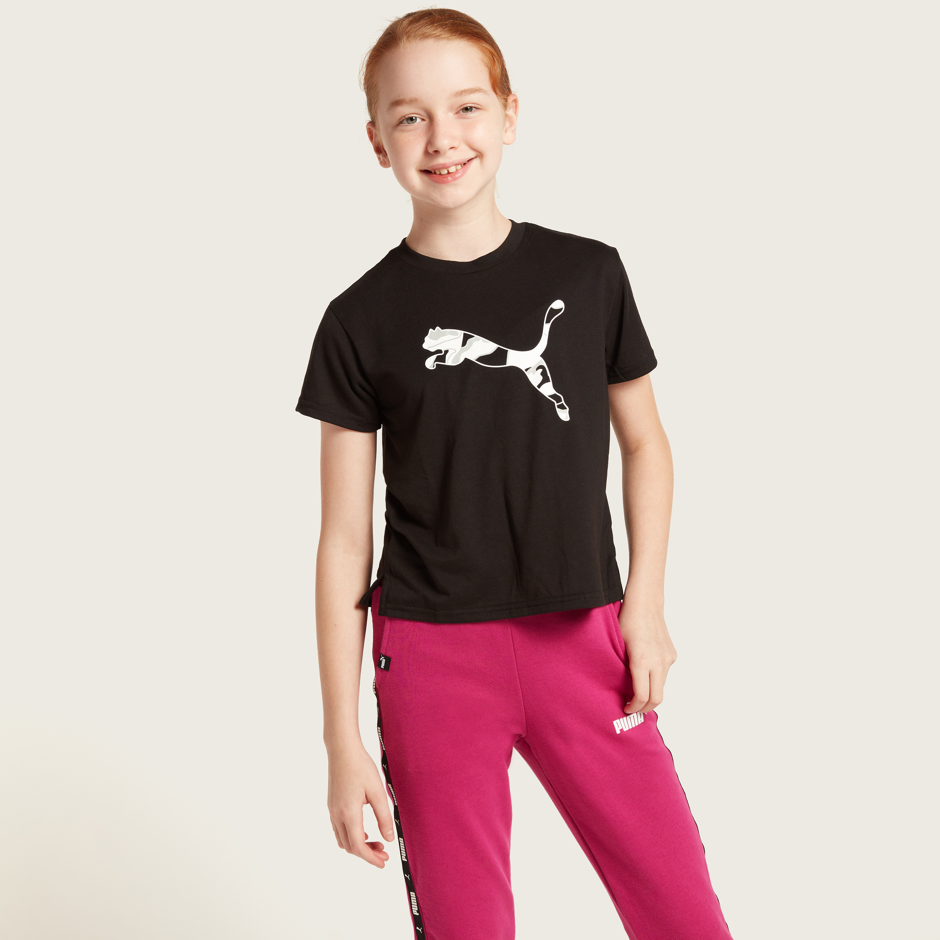 PUMA Logo Print Crew Neck T-shirt with Short Sleeves-girls-clothing-tshirts-image-2