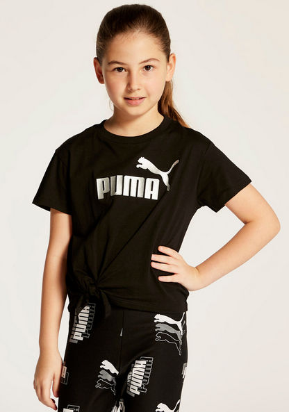 PUMA Logo Print Round Neck T-shirt with Short Sleeves and Tie-Ups-Tops-image-1