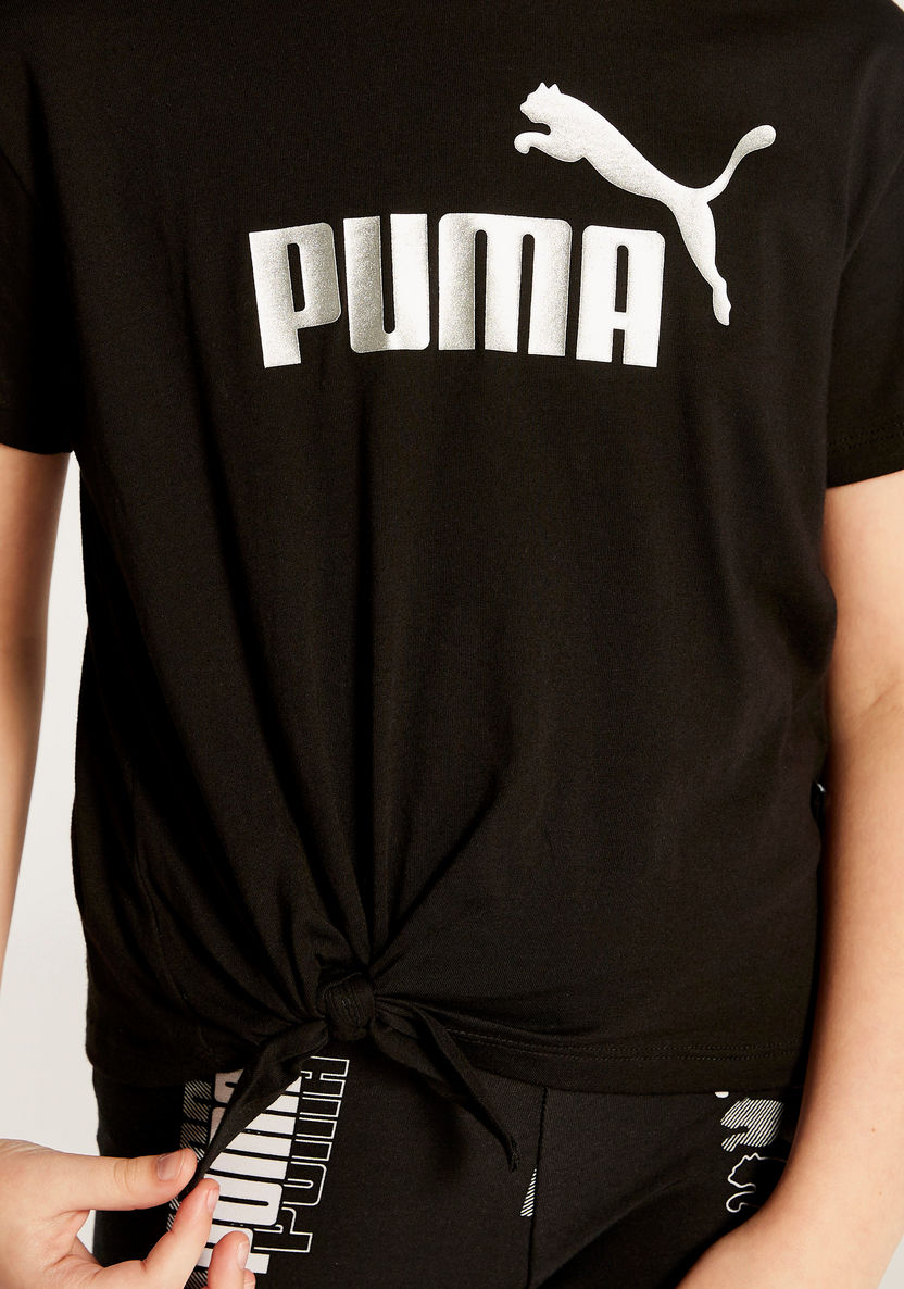 PUMA Logo Print Round Neck T-shirt with Short Sleeves and Tie-Ups-Tops-image-2