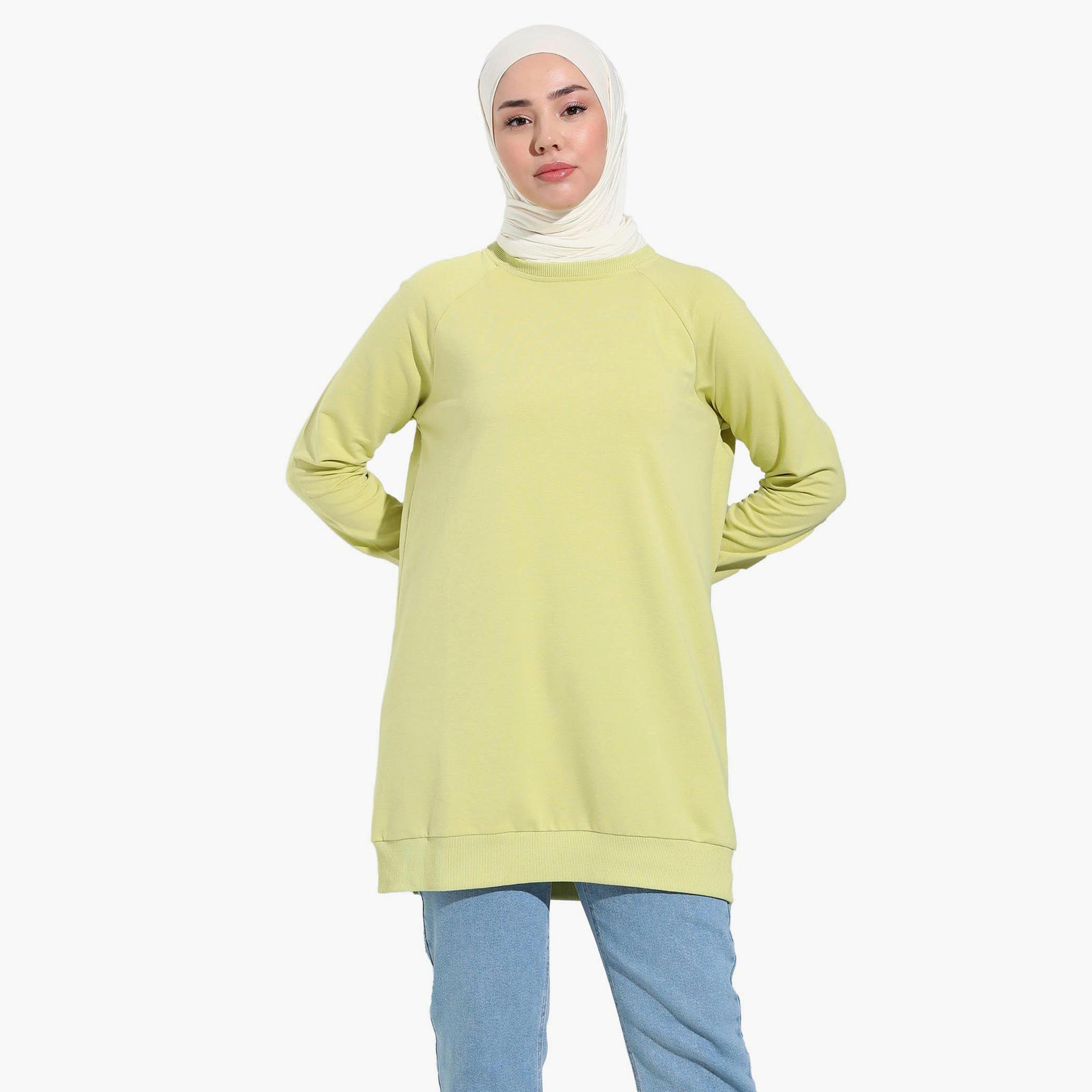 سترة سويت شيرت طويلة سادة بياقة دائرية من مودانيسا-women-clothing-hoodiesandsweatshirts-hoodies-image-1