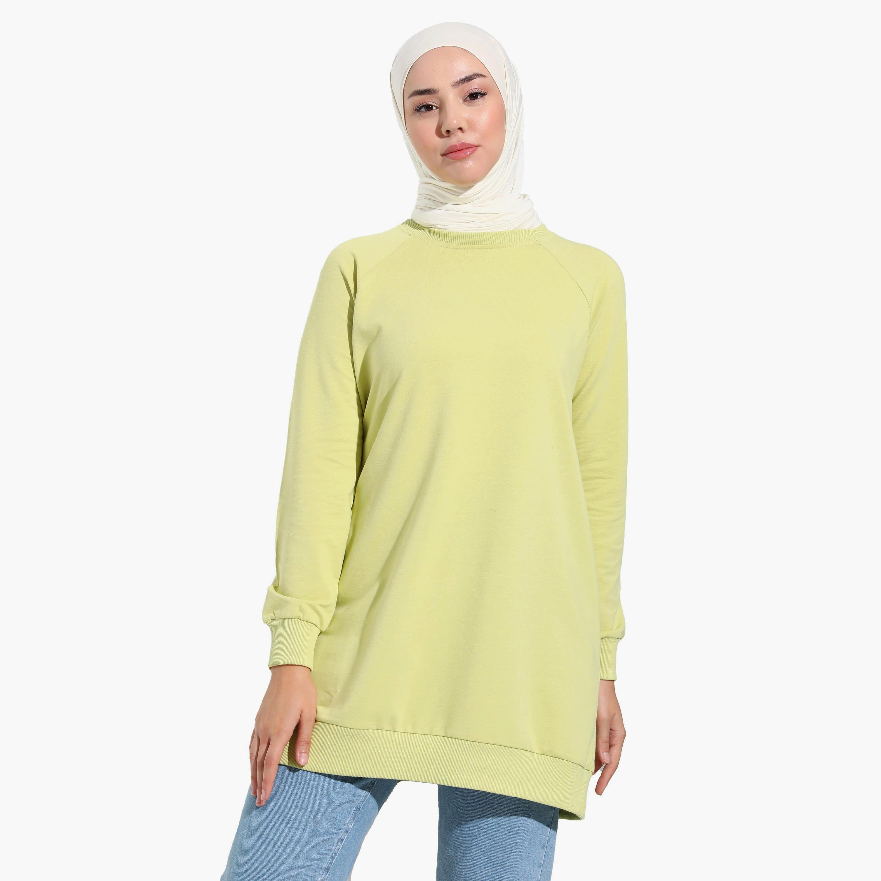 سترة سويت شيرت طويلة سادة بياقة دائرية من مودانيسا-women-clothing-hoodiesandsweatshirts-hoodies-image-4