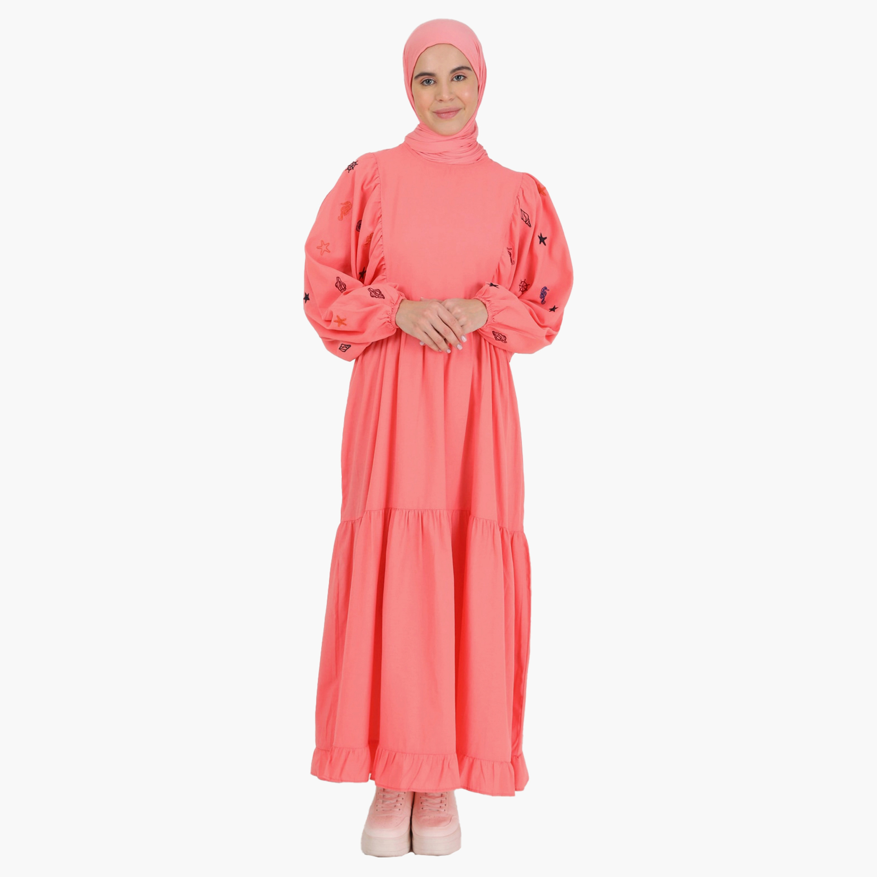 Modanisa Embroidered Crew Neck Back Keyhole Button Modest Dress-women-clothing-dresses-image-1