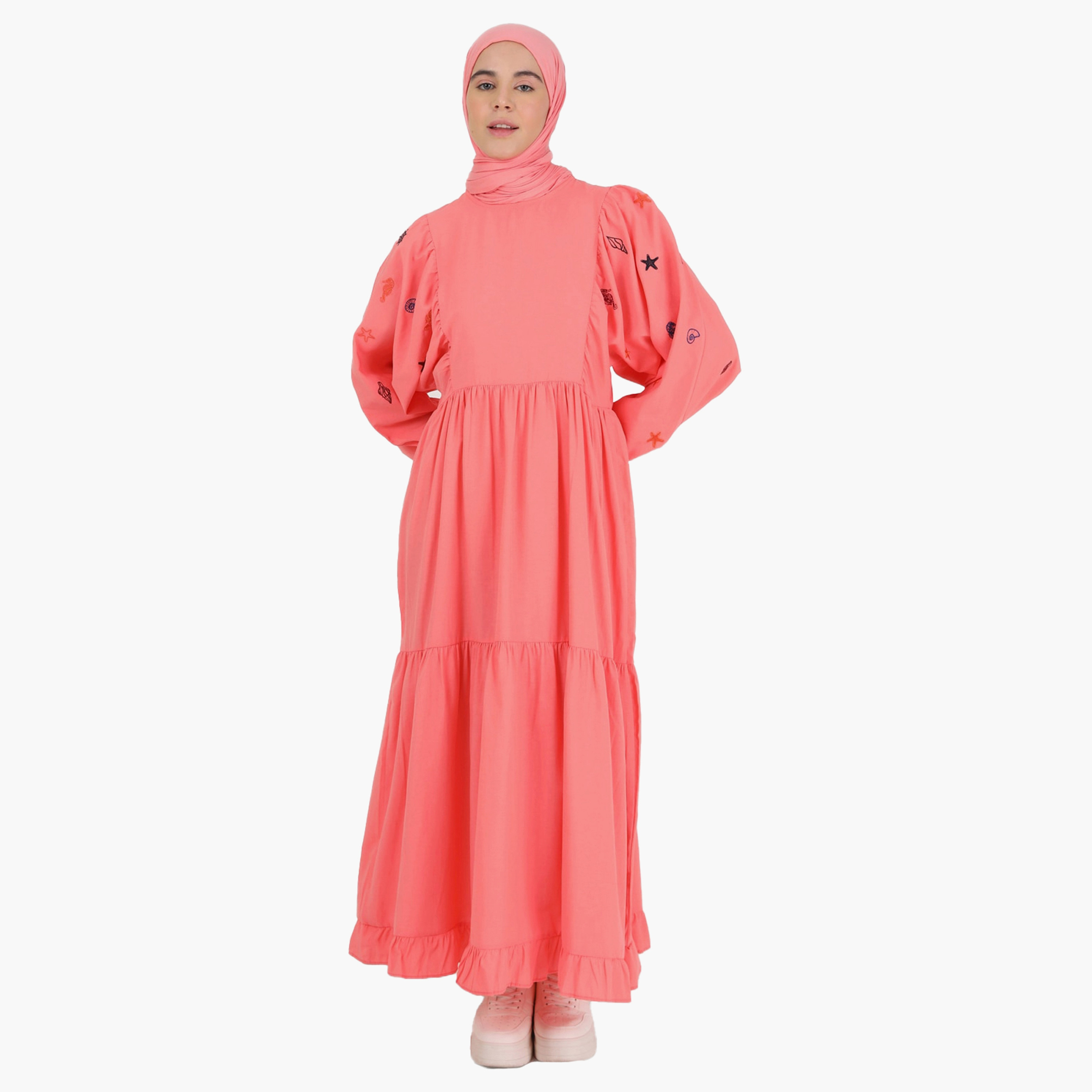 فستان متواضع من مودانيشا مطرز بياقة دائرية وزر خلفي-women-clothing-dresses-image-2
