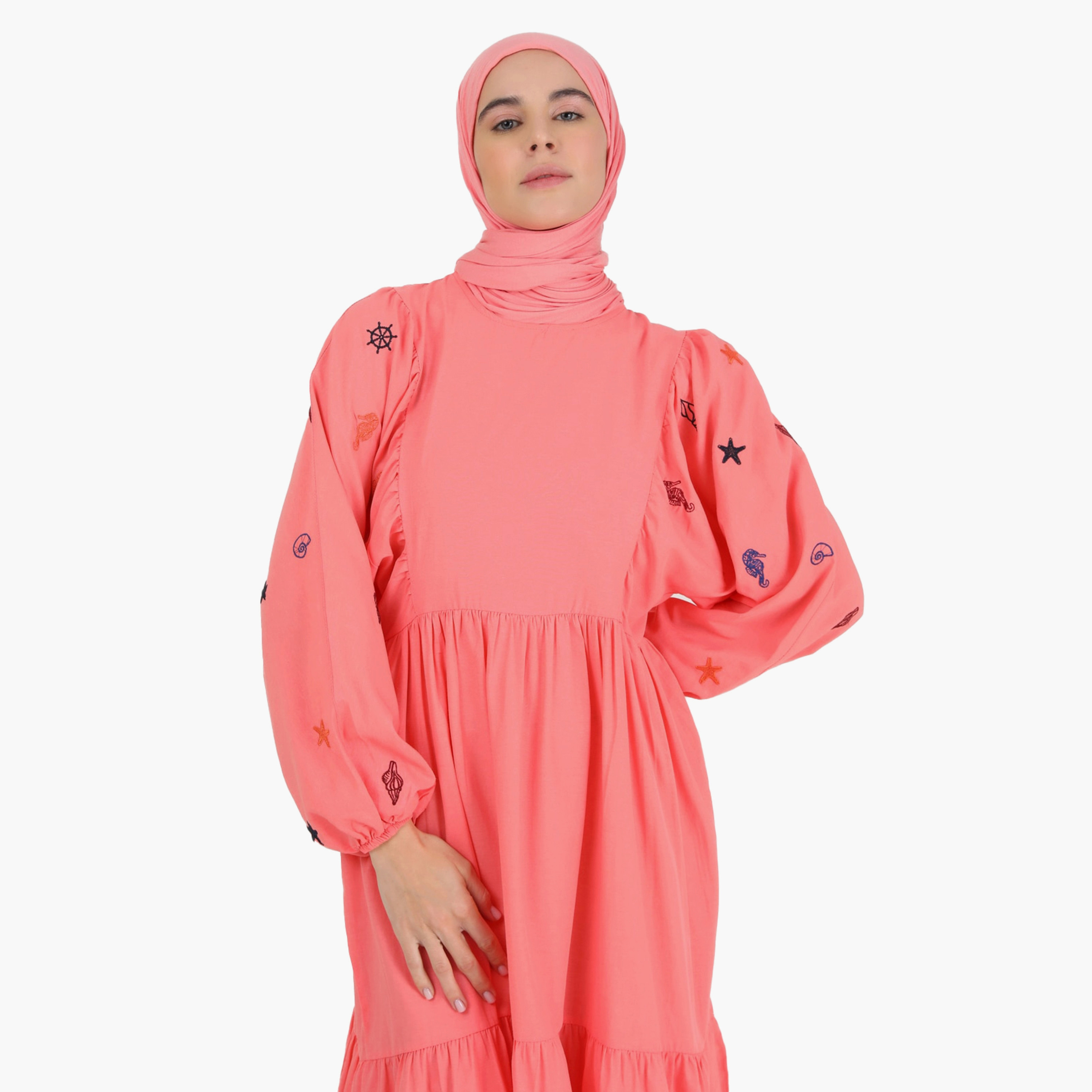 Modanisa Embroidered Crew Neck Back Keyhole Button Modest Dress-women-clothing-dresses-image-3