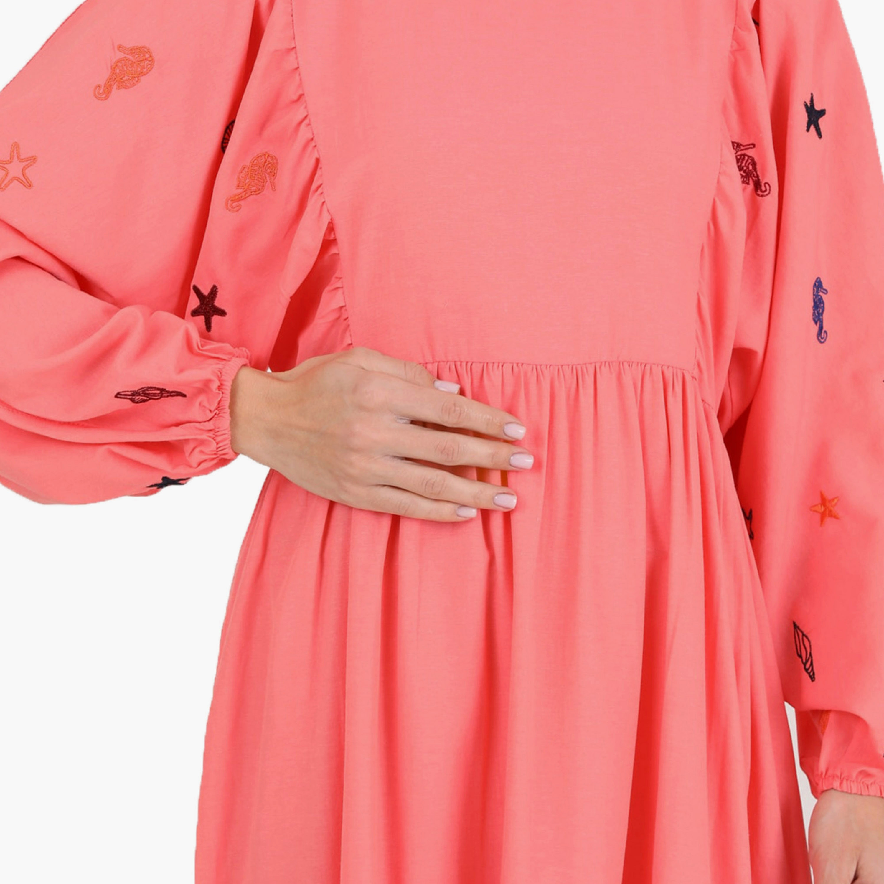 فستان متواضع من مودانيشا مطرز بياقة دائرية وزر خلفي-women-clothing-dresses-image-4