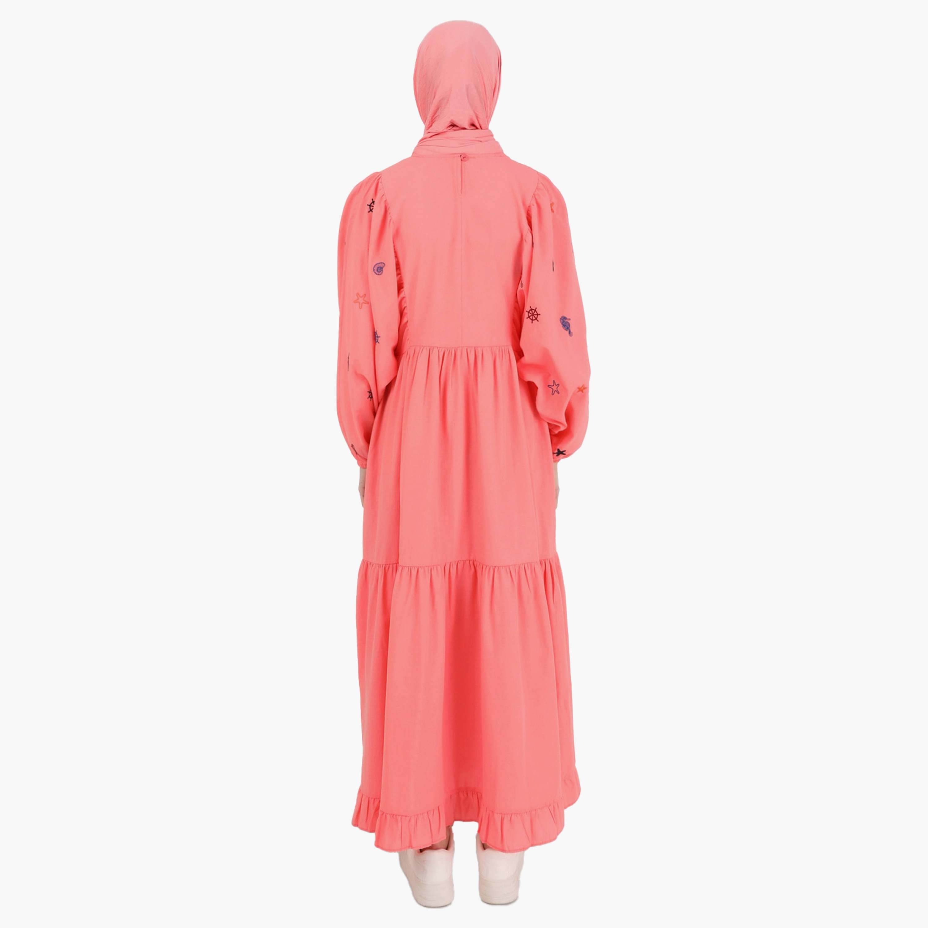 فستان متواضع من مودانيشا مطرز بياقة دائرية وزر خلفي-women-clothing-dresses-image-5