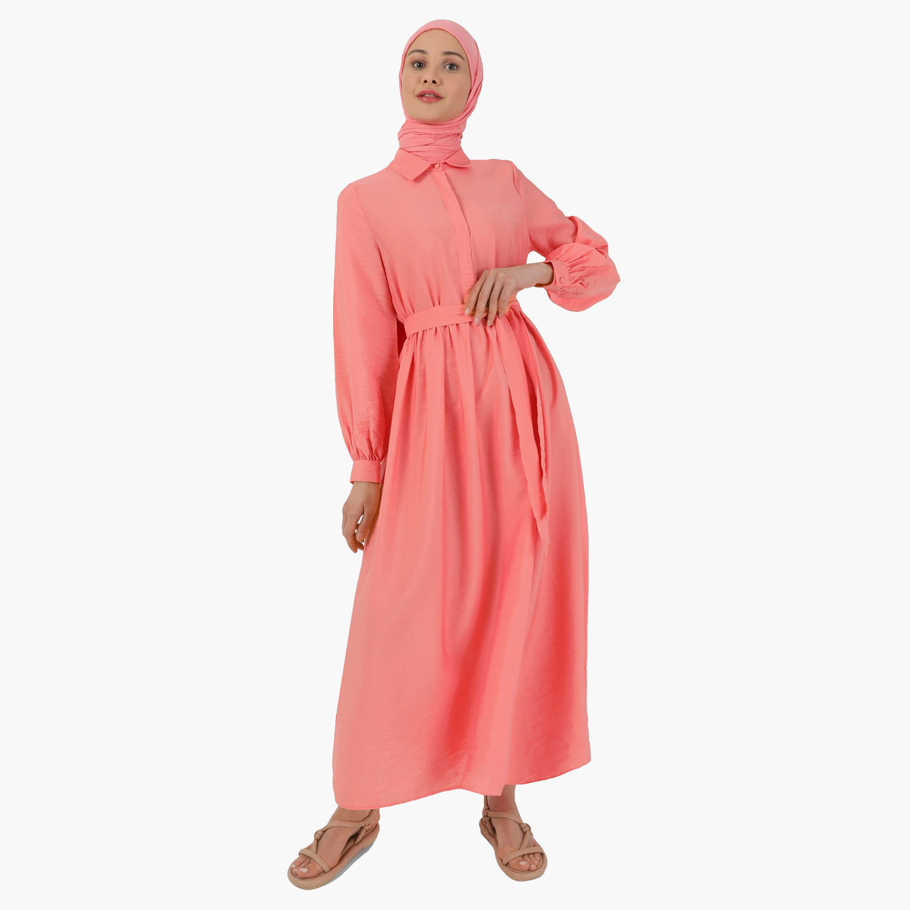 فستان متواضع سادة بياقة قميص وحزام من مودانيسا-women-clothing-dresses-image-1