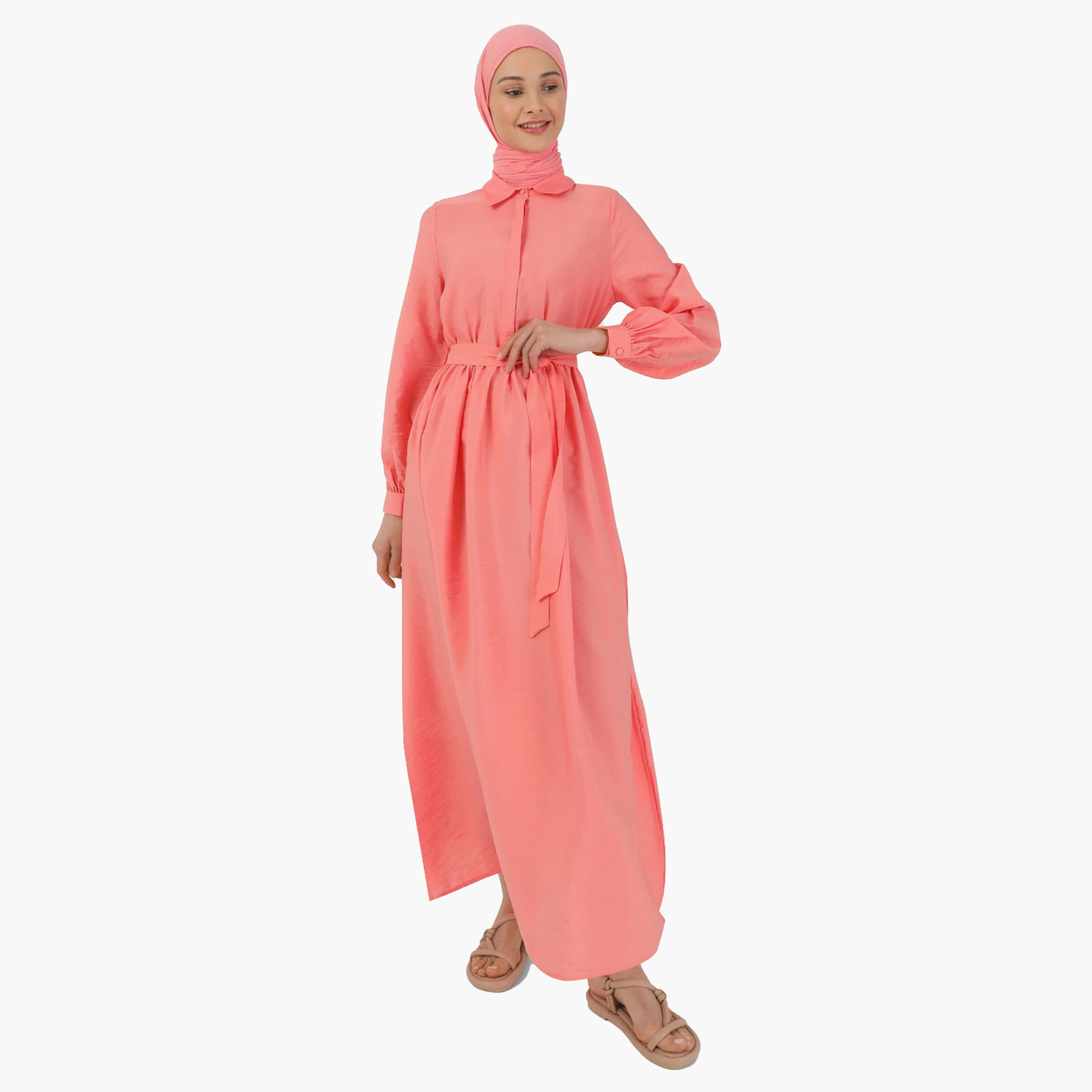 Modanisa Plain Shirt Collar Tie Belt Modest Dress-women-clothing-dresses-image-2