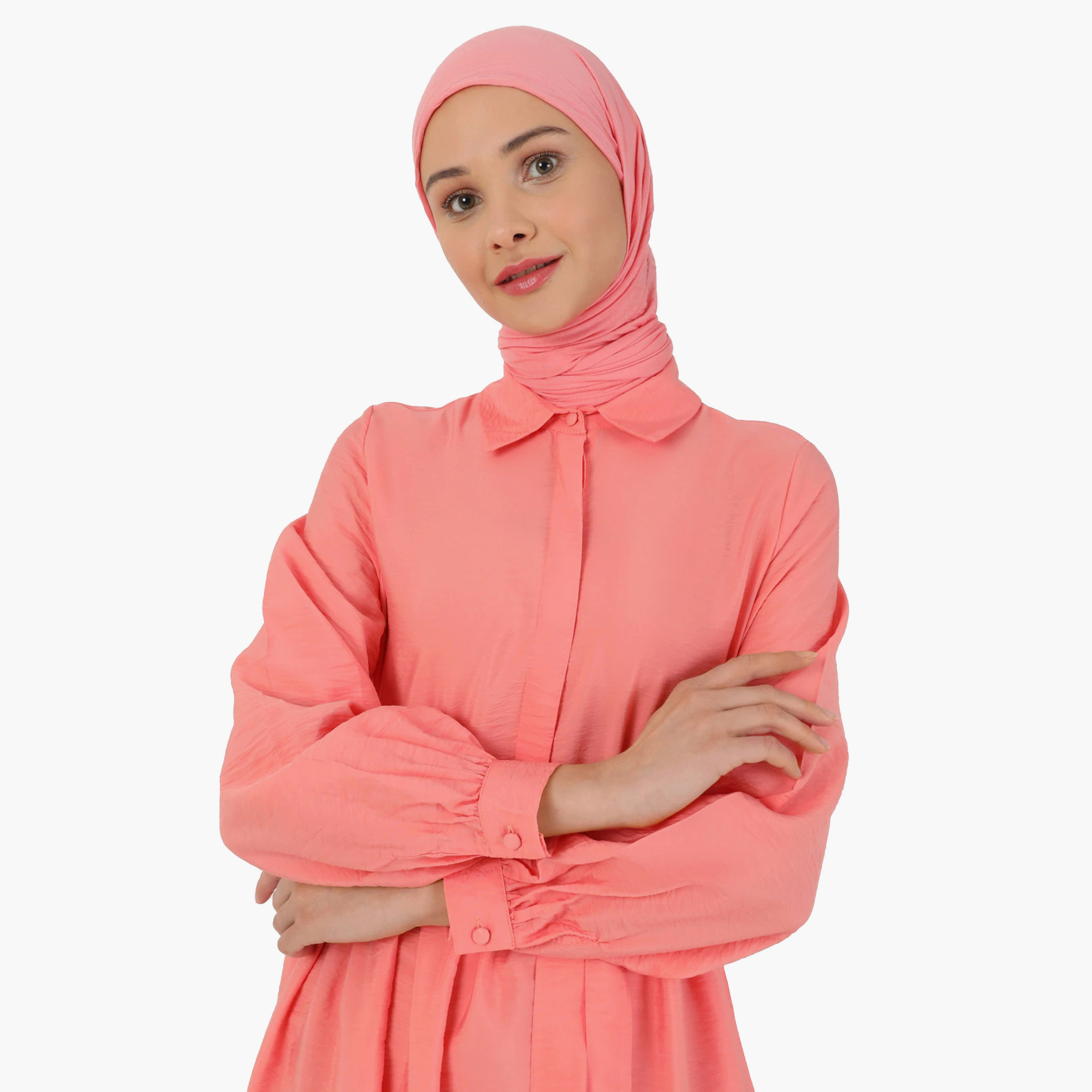 فستان متواضع سادة بياقة قميص وحزام من مودانيسا-women-clothing-dresses-image-3