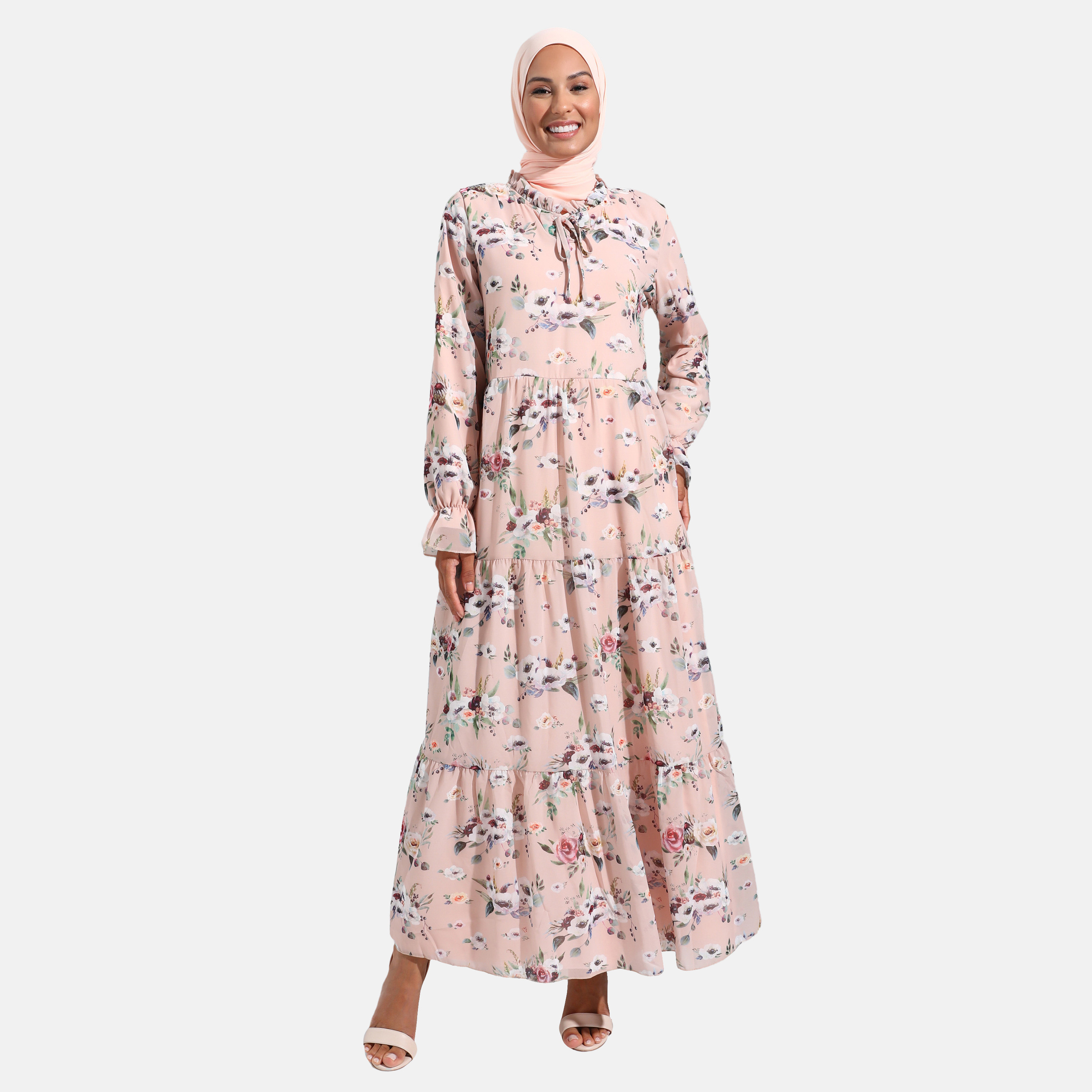 Modanisa Floral Ruffle Neck Tiered Dress-women-clothing-dresses-image-1
