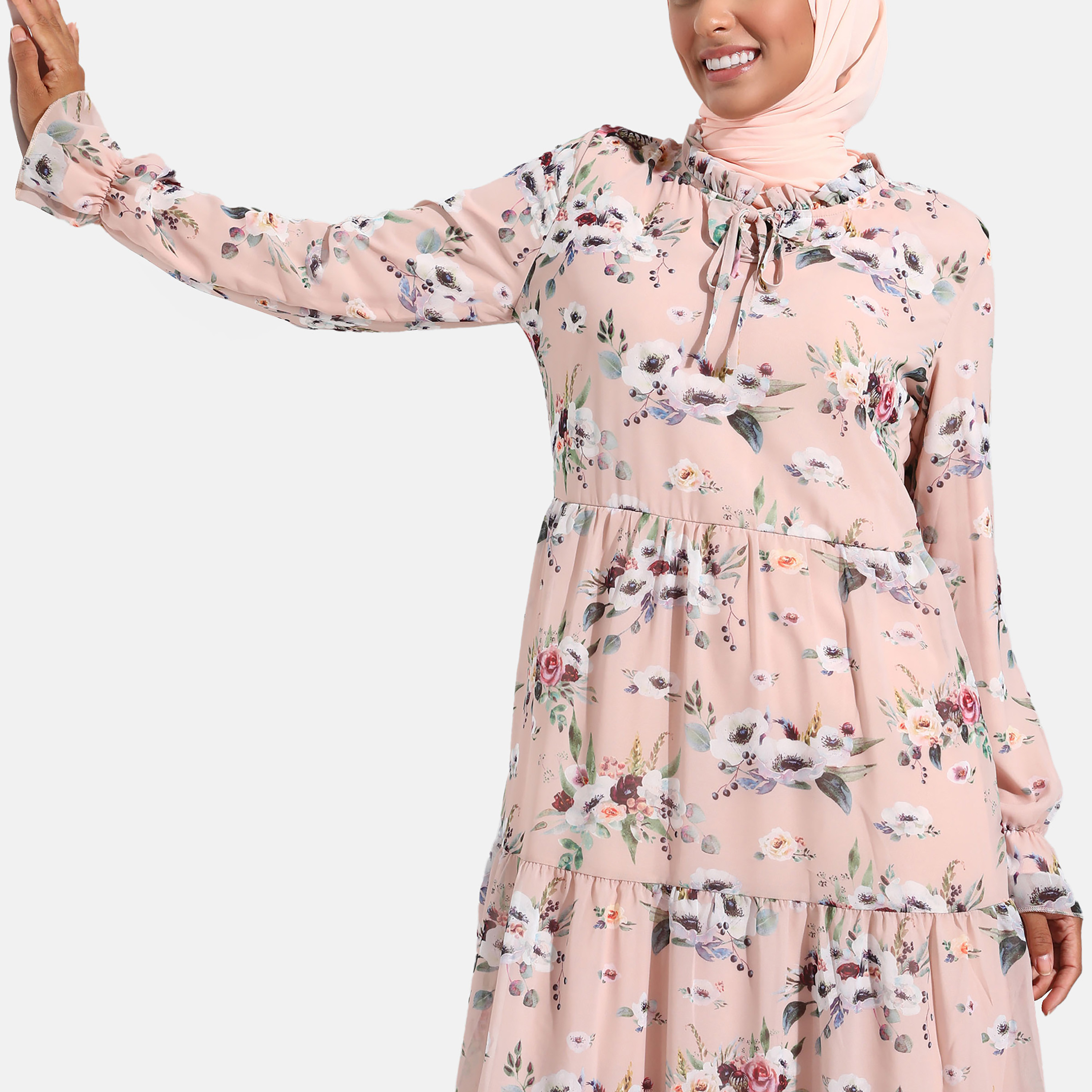 Modanisa Floral Ruffle Neck Tiered Dress-women-clothing-dresses-image-2
