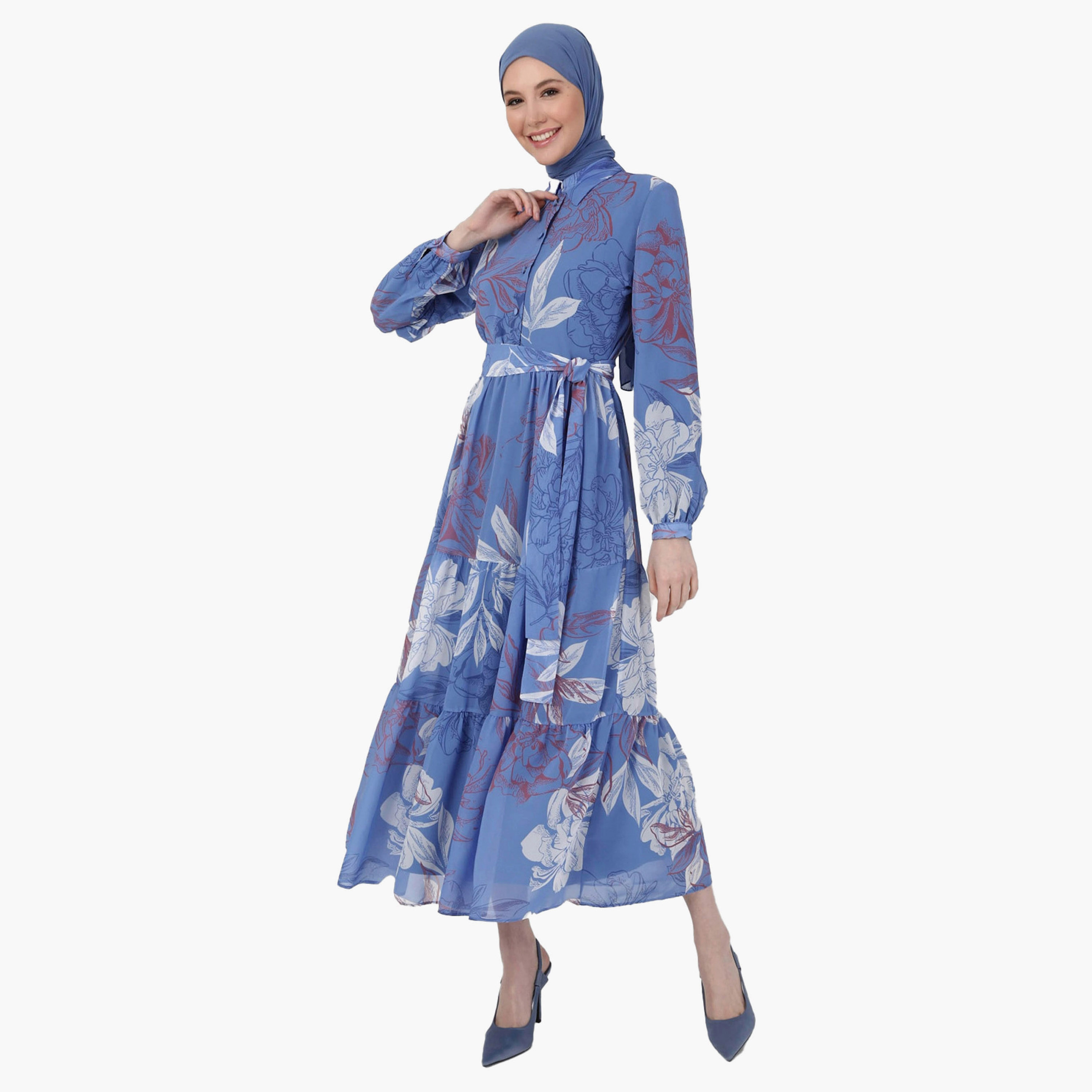Modanisa Printed Shirt Collar Tie Belt Modest Dress-PROMO_CP_OM_B3GET10PER_20241001-image-1