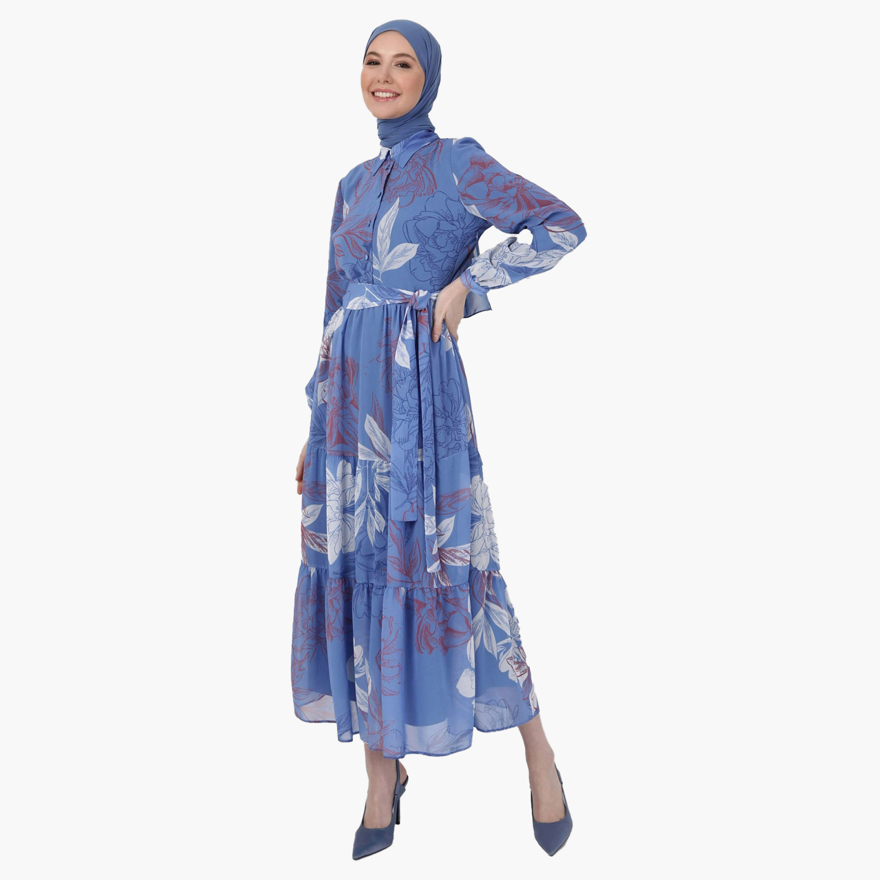 Modanisa Printed Shirt Collar Tie Belt Modest Dress-PROMO_CP_OM_B3GET10PER_20241001-image-2