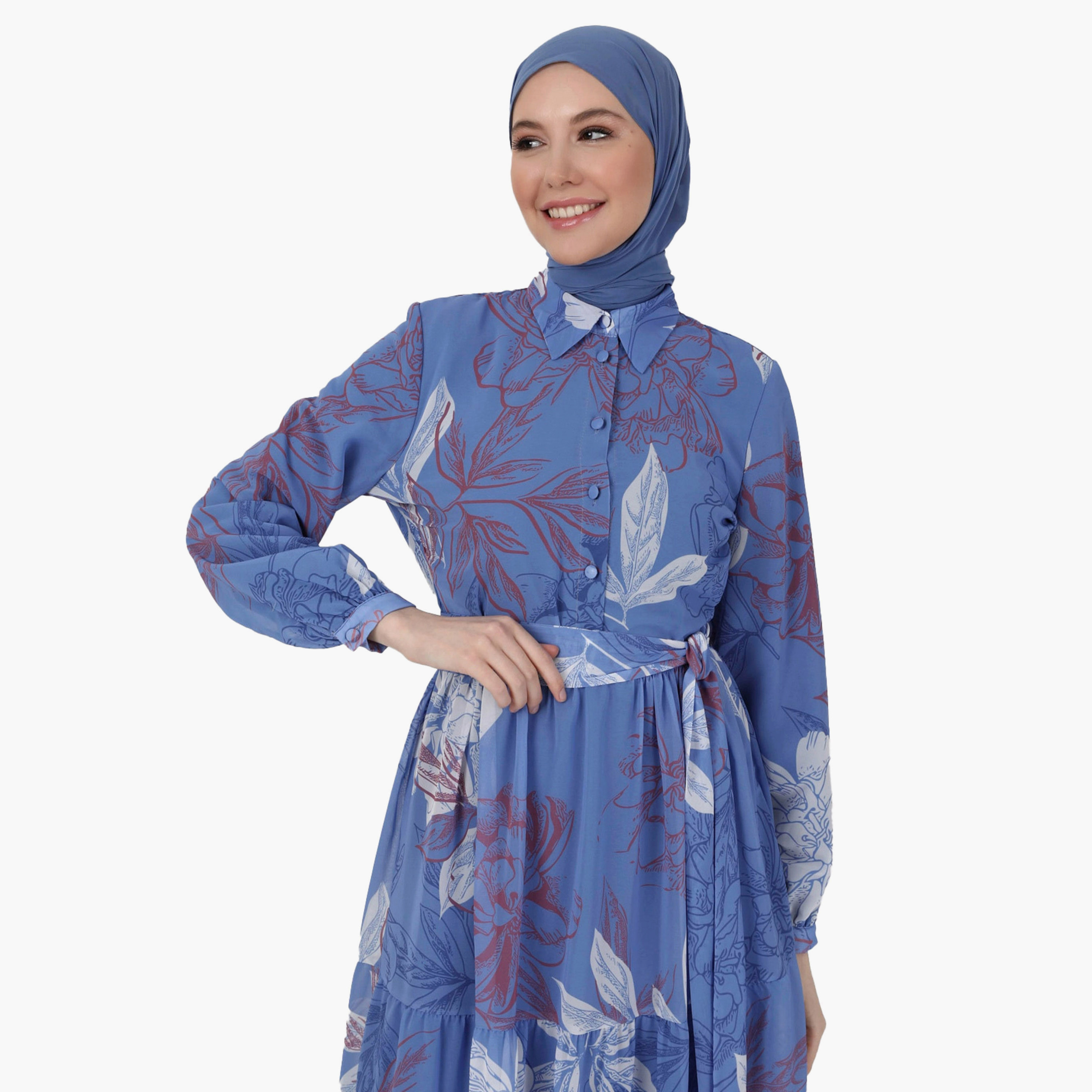 Modanisa Printed Shirt Collar Tie Belt Modest Dress-PROMO_CP_OM_B3GET10PER_20241001-image-3