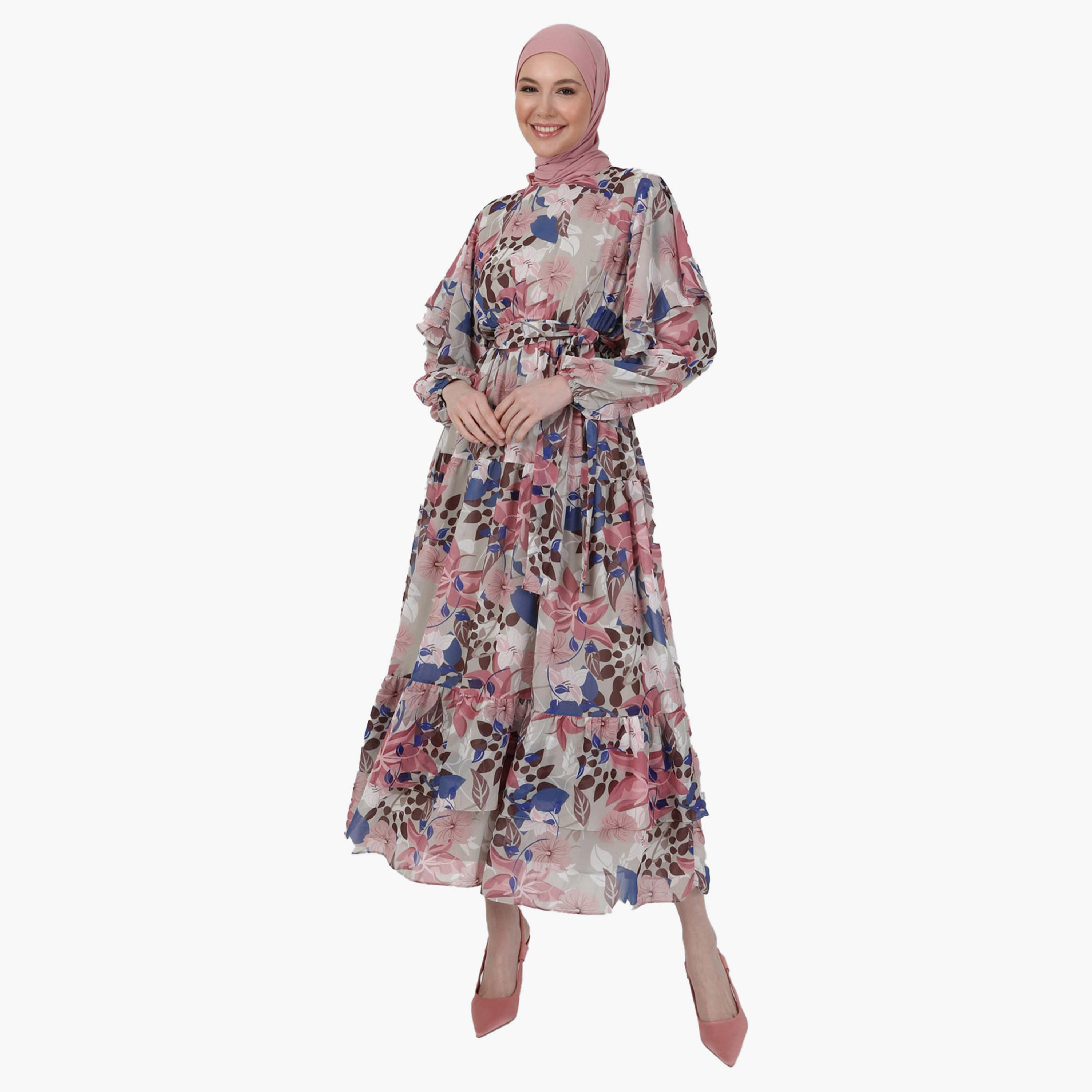 Modanisa Printed Crew Neck Tie Belt Modest Dress-PROMO_CP_OM_B3GET10PER_20241001-image-1