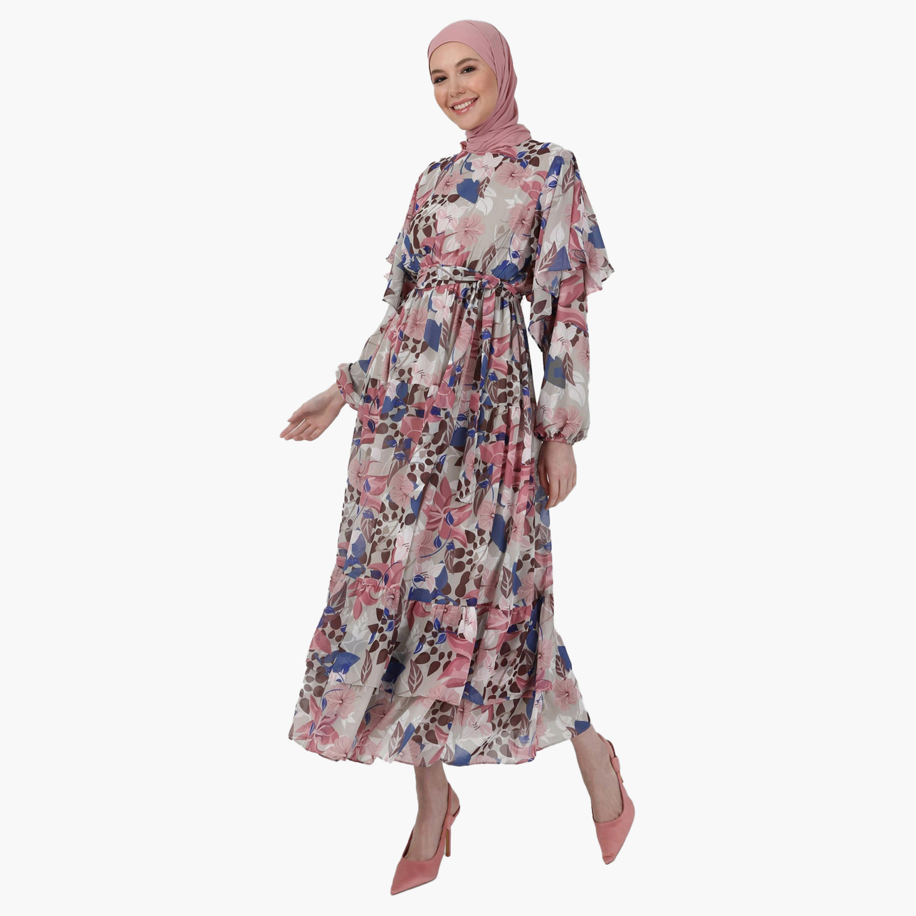 Modanisa Printed Crew Neck Tie Belt Modest Dress-women-clothing-dresses-image-2