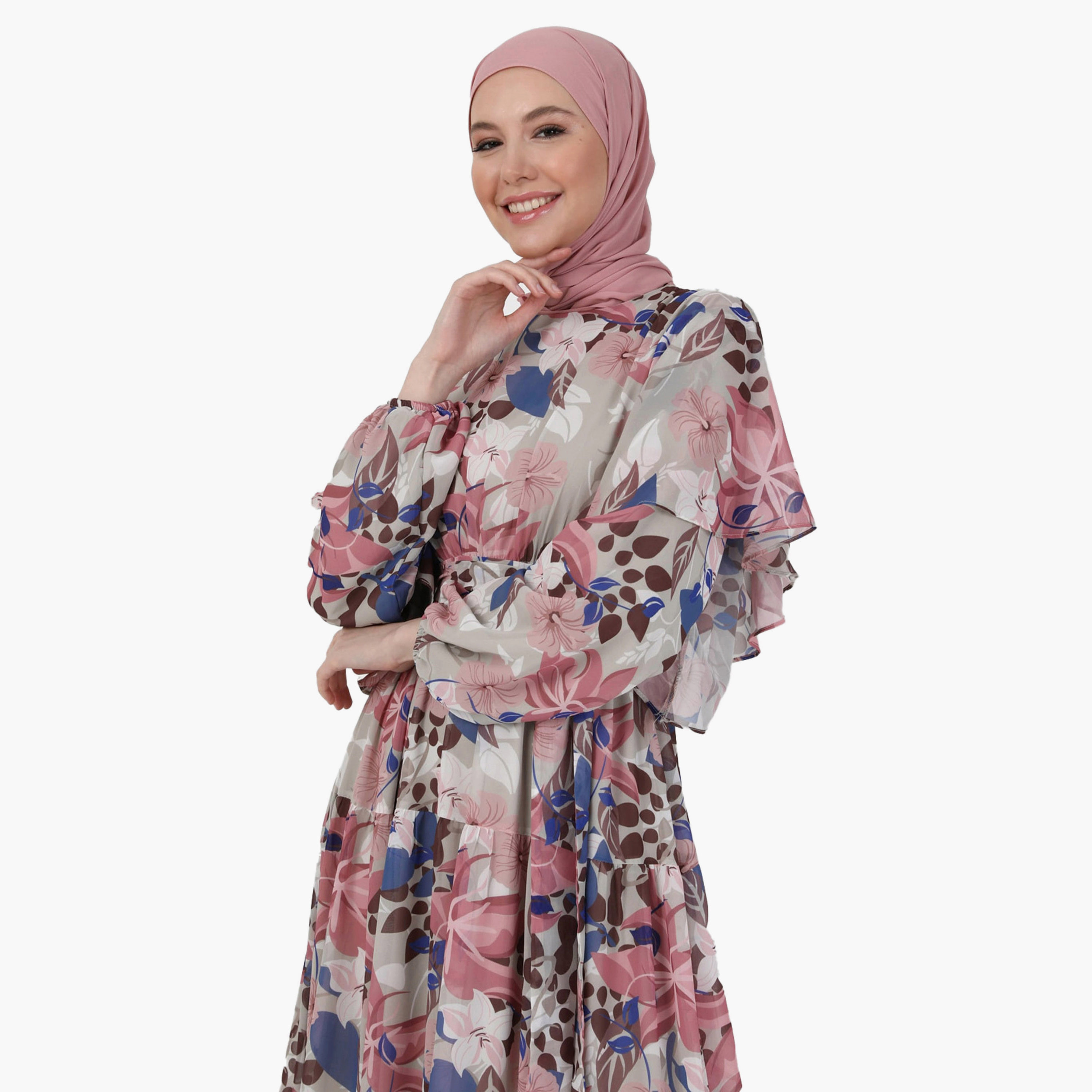 Modanisa Printed Crew Neck Tie Belt Modest Dress-PROMO_CP_OM_B3GET10PER_20241001-image-3