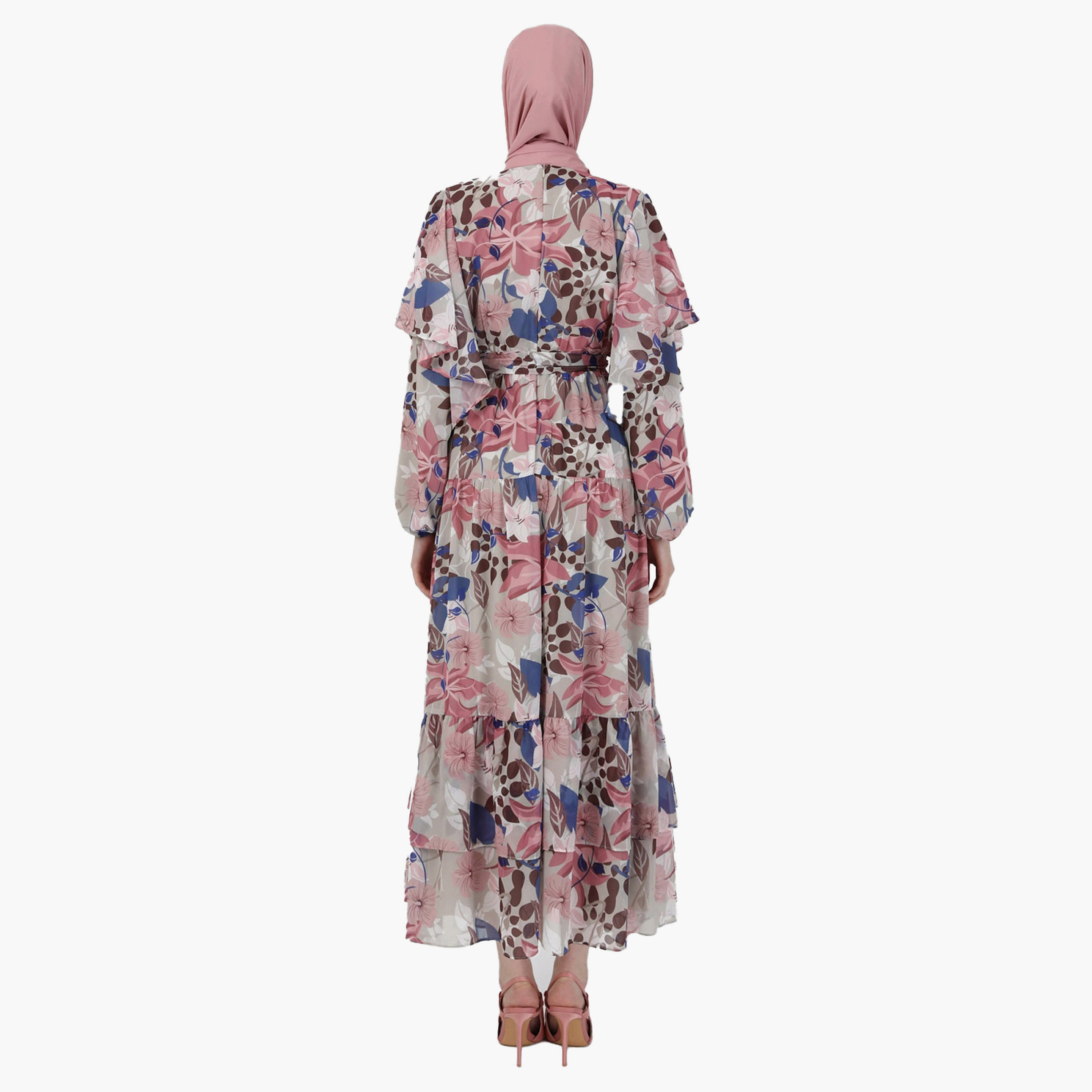 Modanisa Printed Crew Neck Tie Belt Modest Dress-women-clothing-dresses-image-5