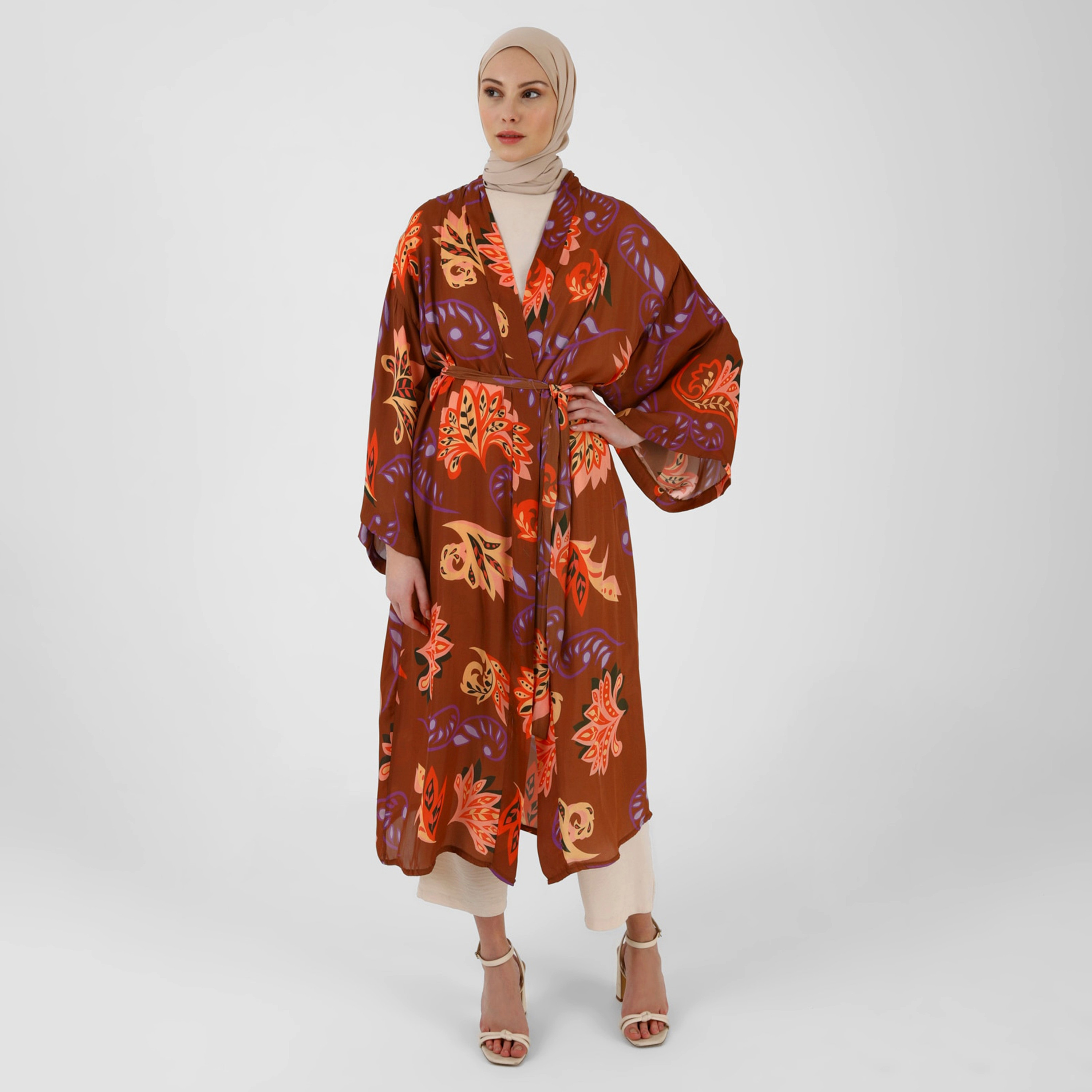 Modanisa Printed Shawl Collar Tie Belt Kimono-women-clothing-shirtsandblouses-blouses-image-1