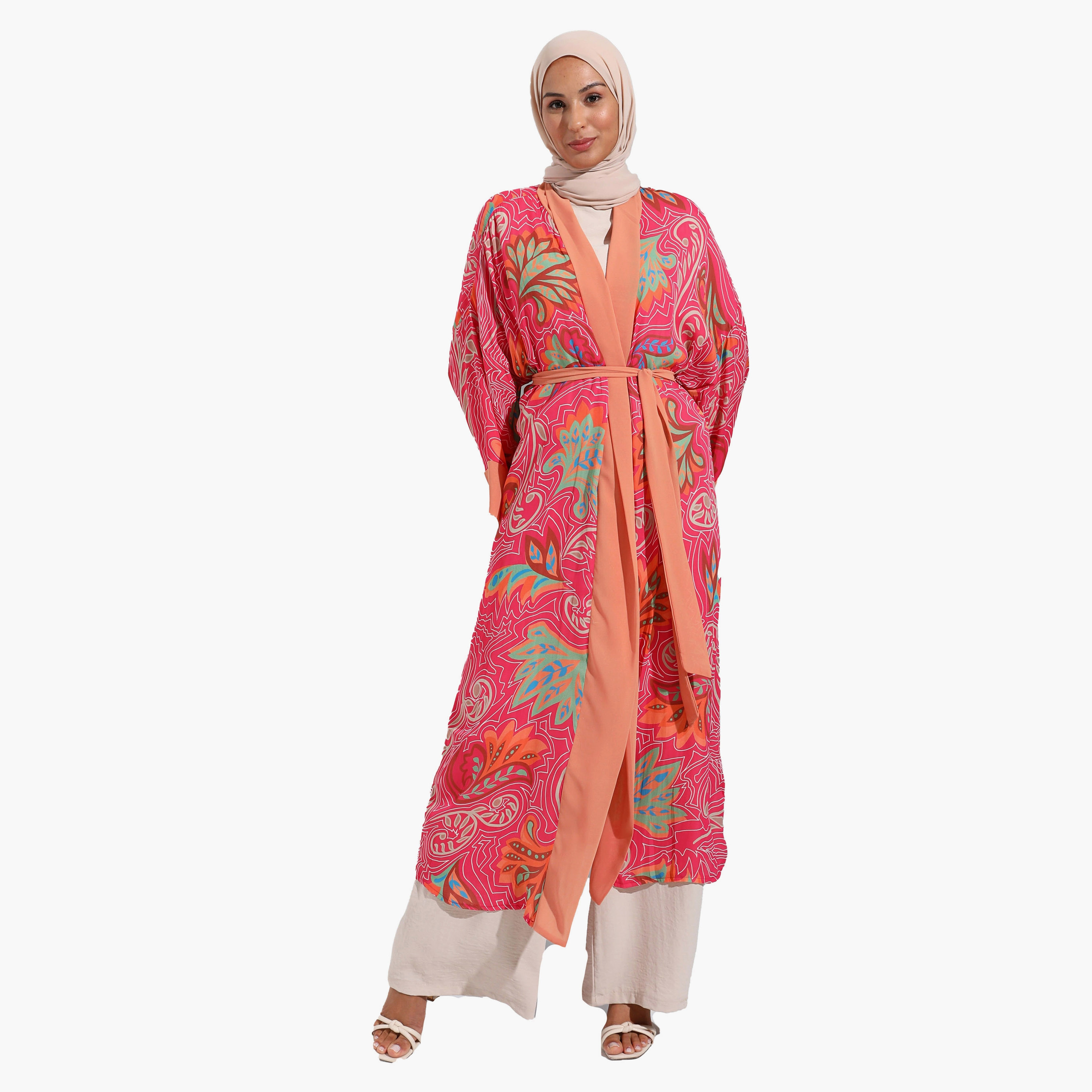 كيمونو بتصميم بيزلي بياقة شال وحزام ربطة من مودانيسا-women-clothing-shirtsandblouses-blouses-image-1