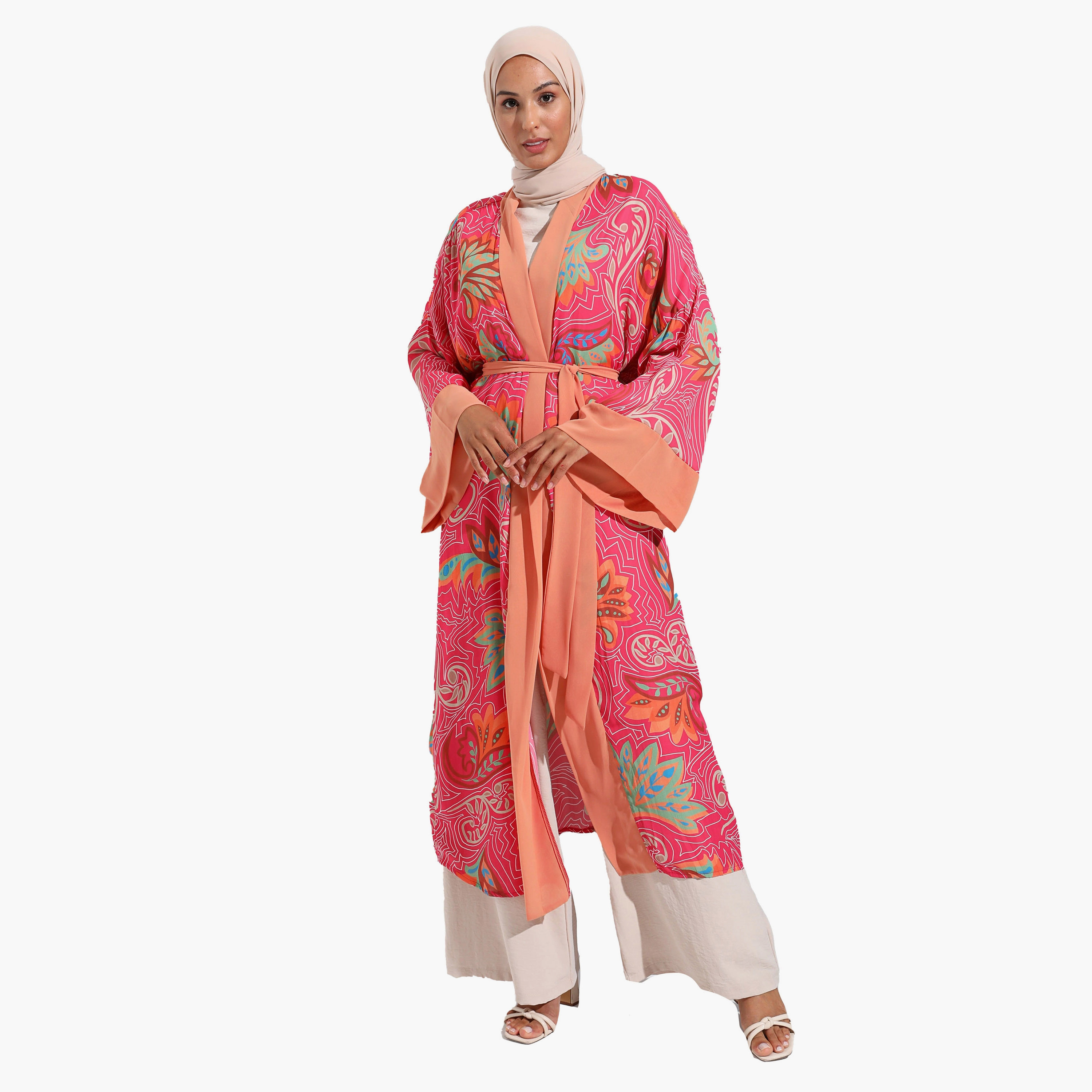 كيمونو بتصميم بيزلي بياقة شال وحزام ربطة من مودانيسا-women-clothing-shirtsandblouses-blouses-image-2