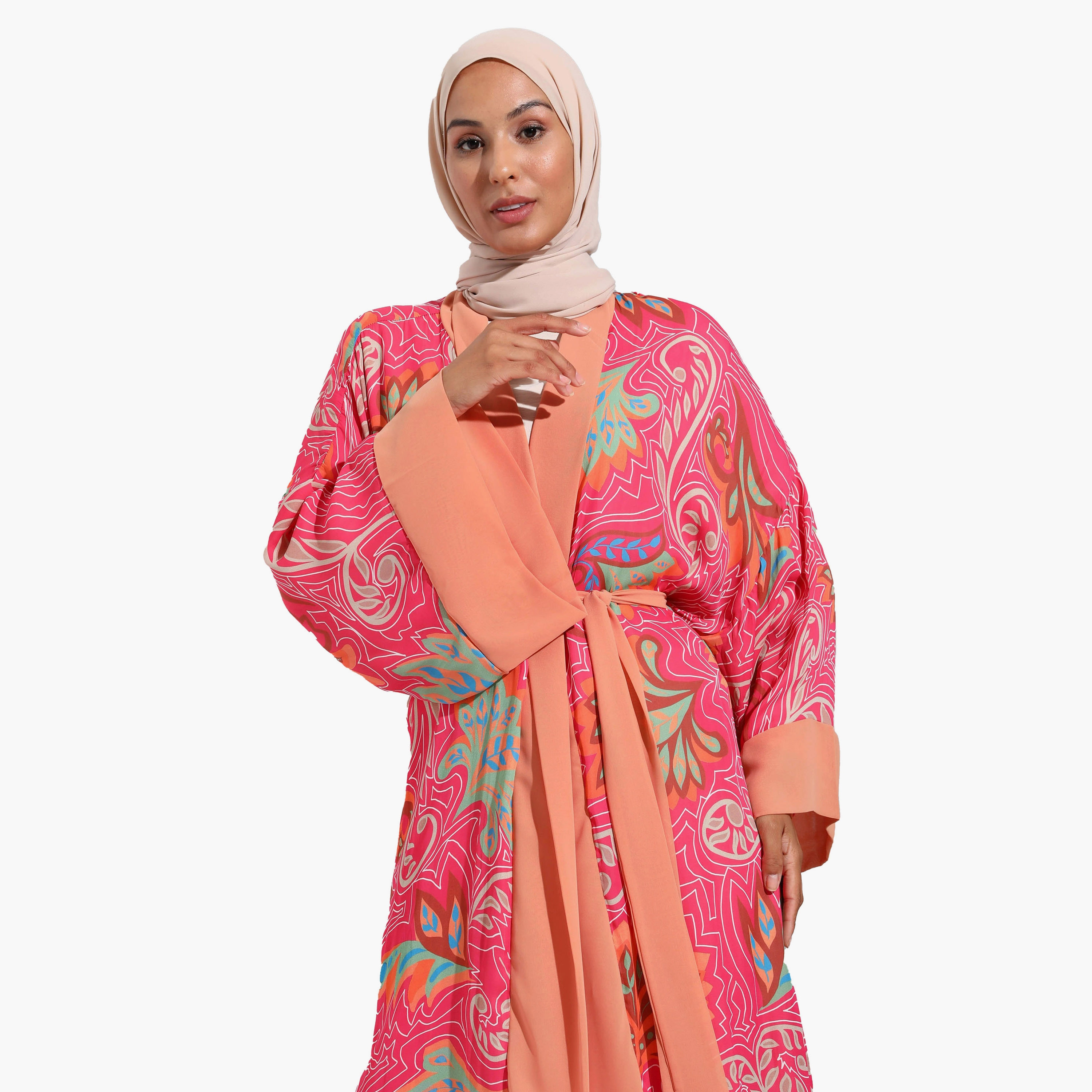 كيمونو بتصميم بيزلي بياقة شال وحزام ربطة من مودانيسا-women-clothing-shirtsandblouses-blouses-image-3