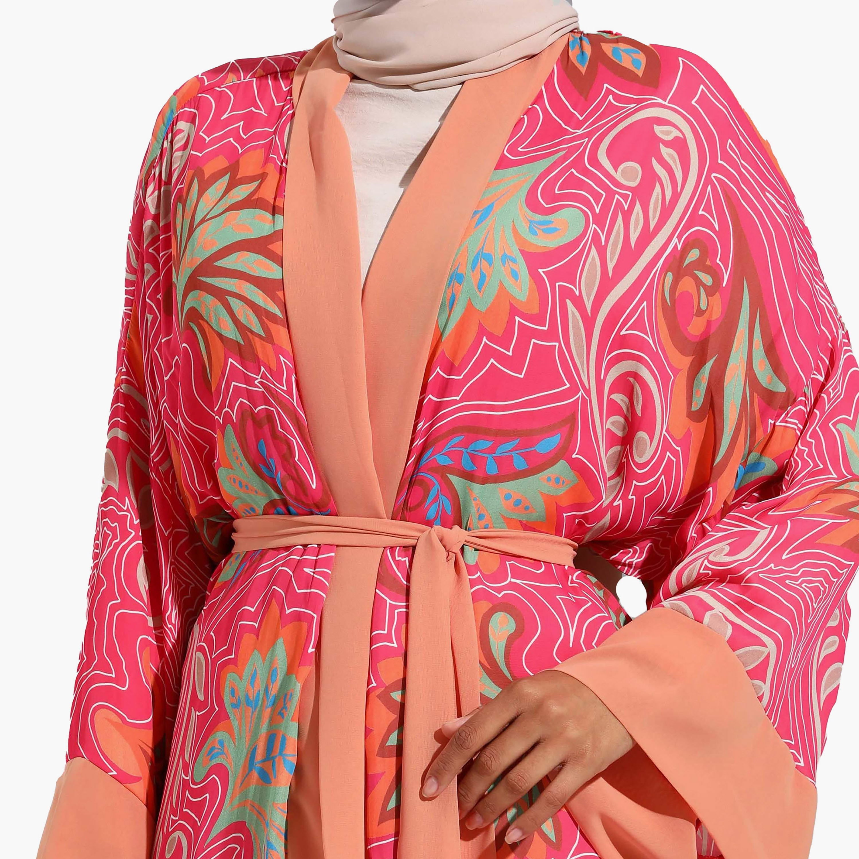 كيمونو بتصميم بيزلي بياقة شال وحزام ربطة من مودانيسا-women-clothing-shirtsandblouses-blouses-image-4