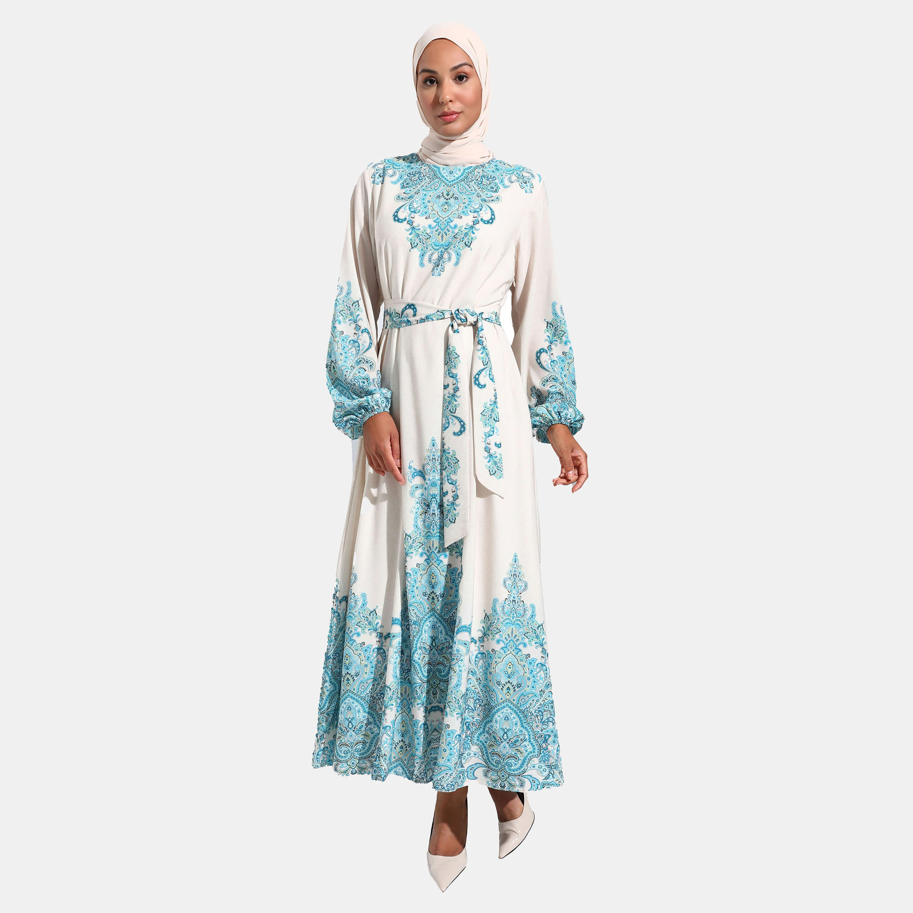 فستان متواضع مطبوعة برقبة دائرية وحزام ربطة من مودانيشا-women-clothing-dresses-image-1
