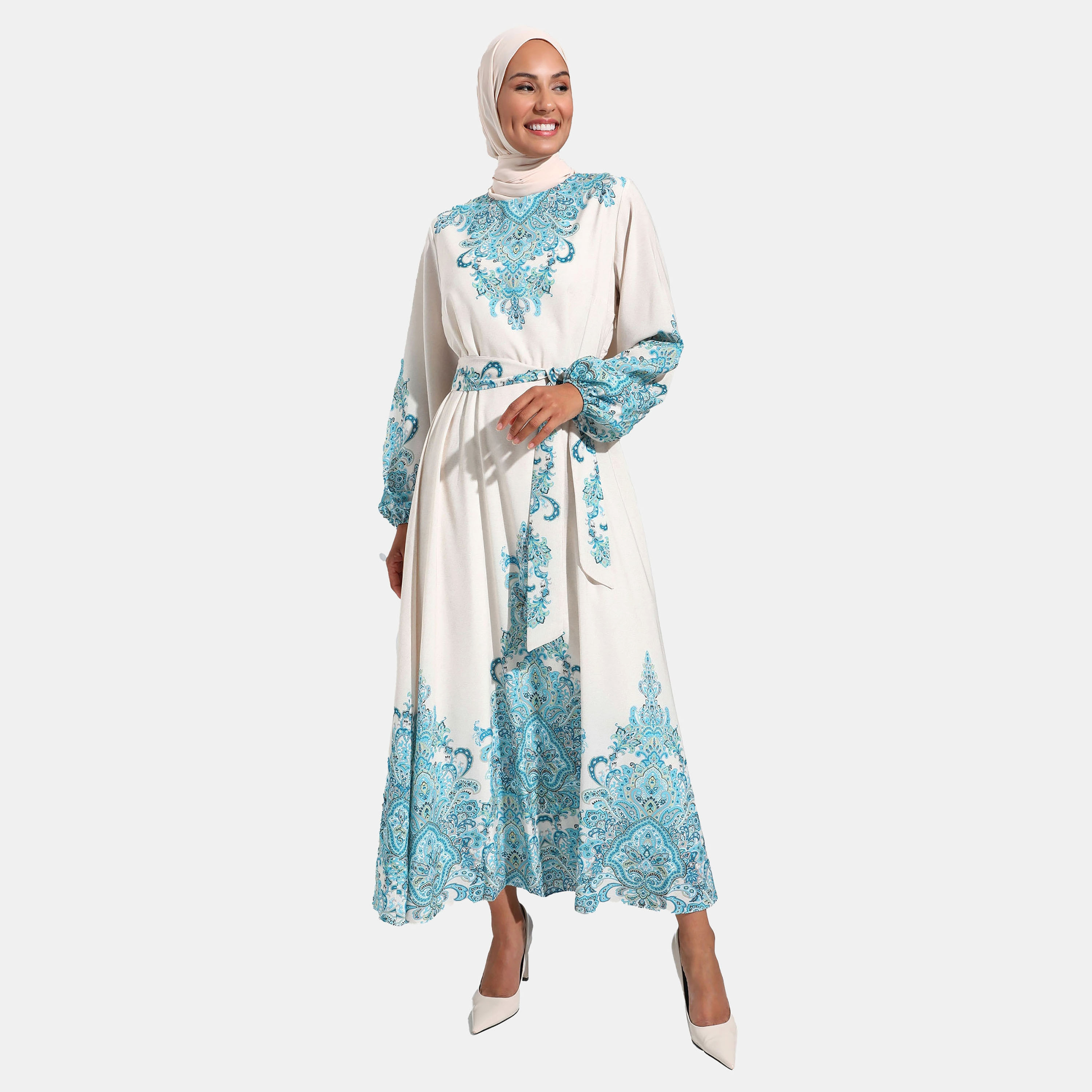 فستان متواضع مطبوعة برقبة دائرية وحزام ربطة من مودانيشا-women-clothing-dresses-image-2