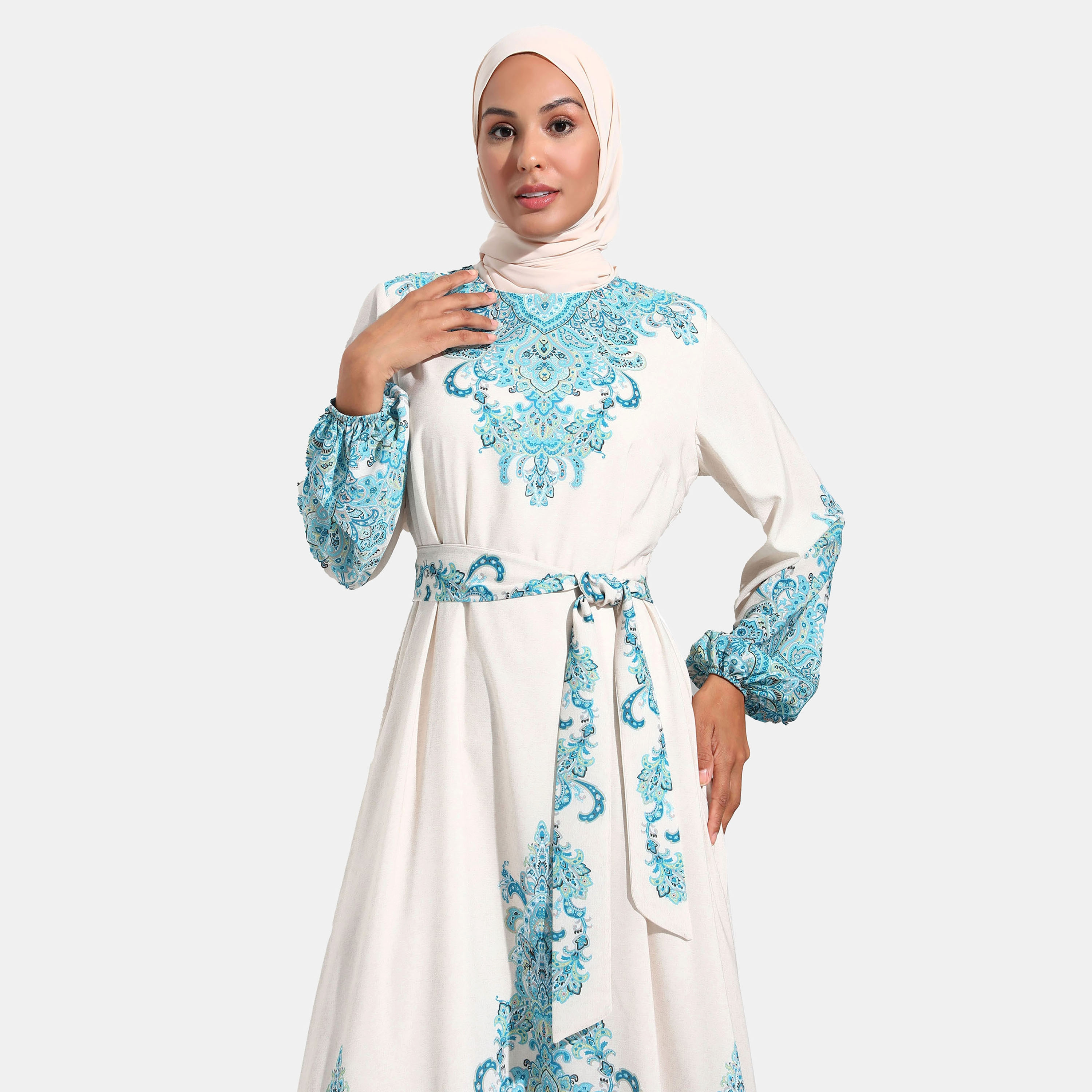 فستان متواضع مطبوعة برقبة دائرية وحزام ربطة من مودانيشا-women-clothing-dresses-image-3