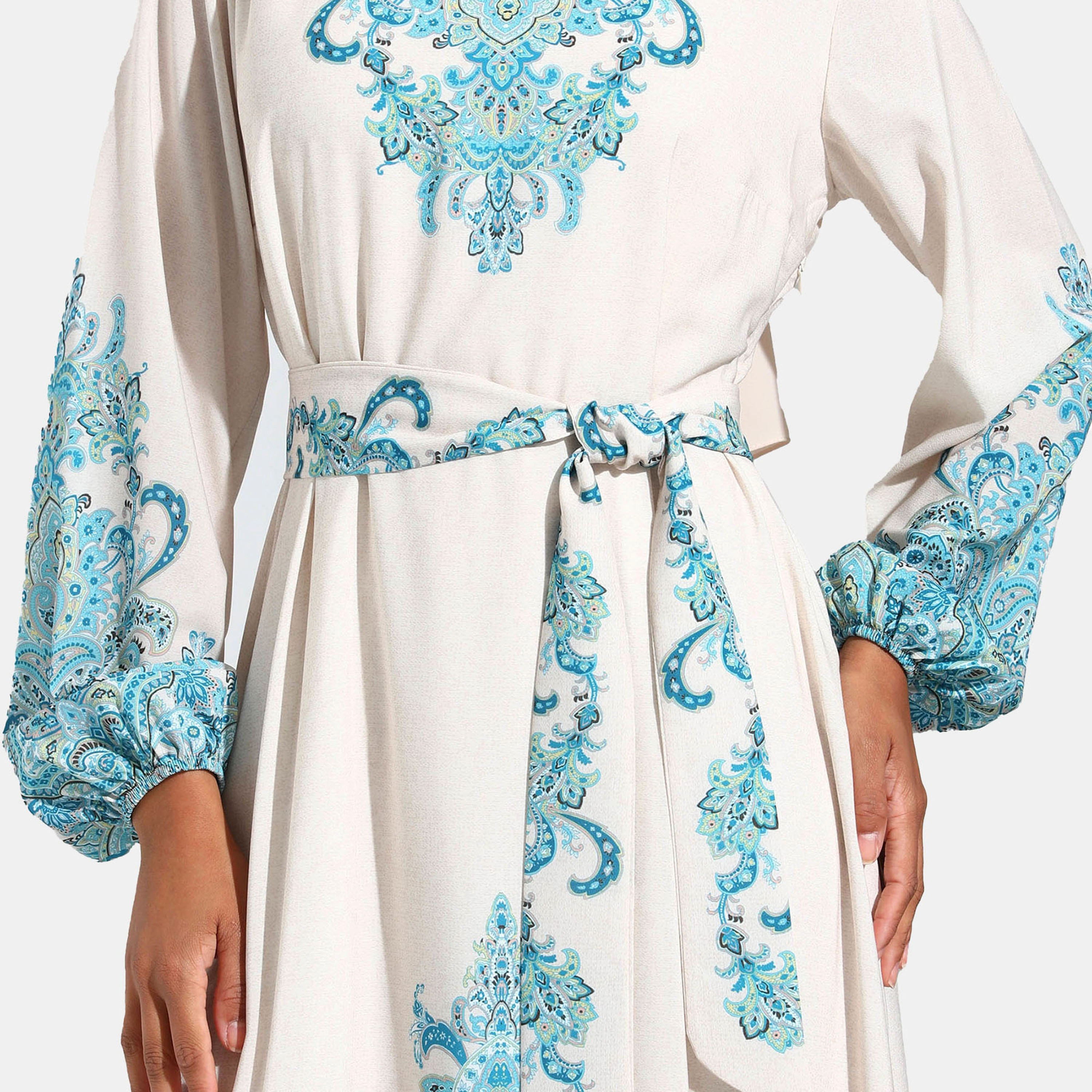 فستان متواضع مطبوعة برقبة دائرية وحزام ربطة من مودانيشا-women-clothing-dresses-image-4