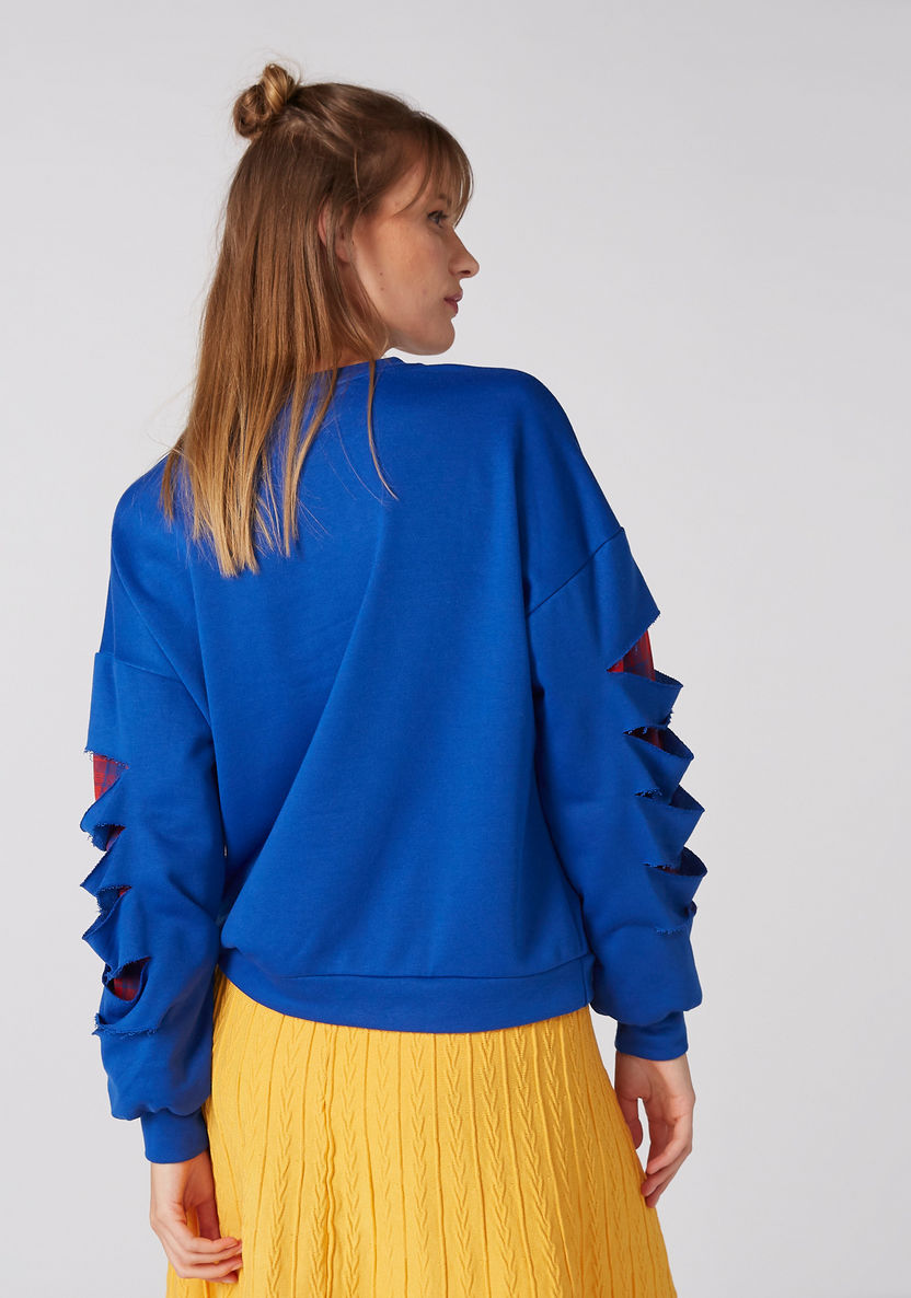 Printed Sweatshirt with Round Neck and Cutout Long Sleeves-Sweatshirts-image-1