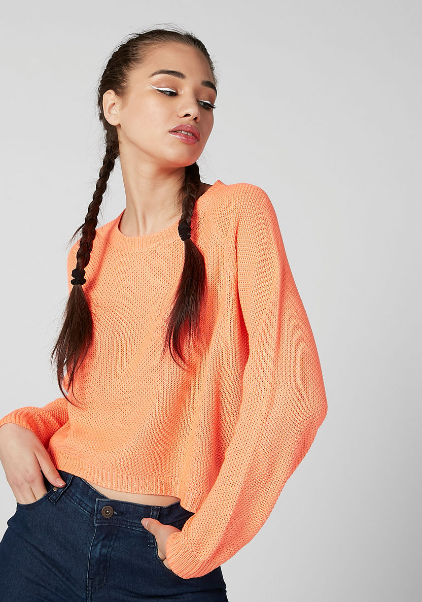 Textured Jumper with Round Neck and Raglan Sleeves-Sweaters-image-0