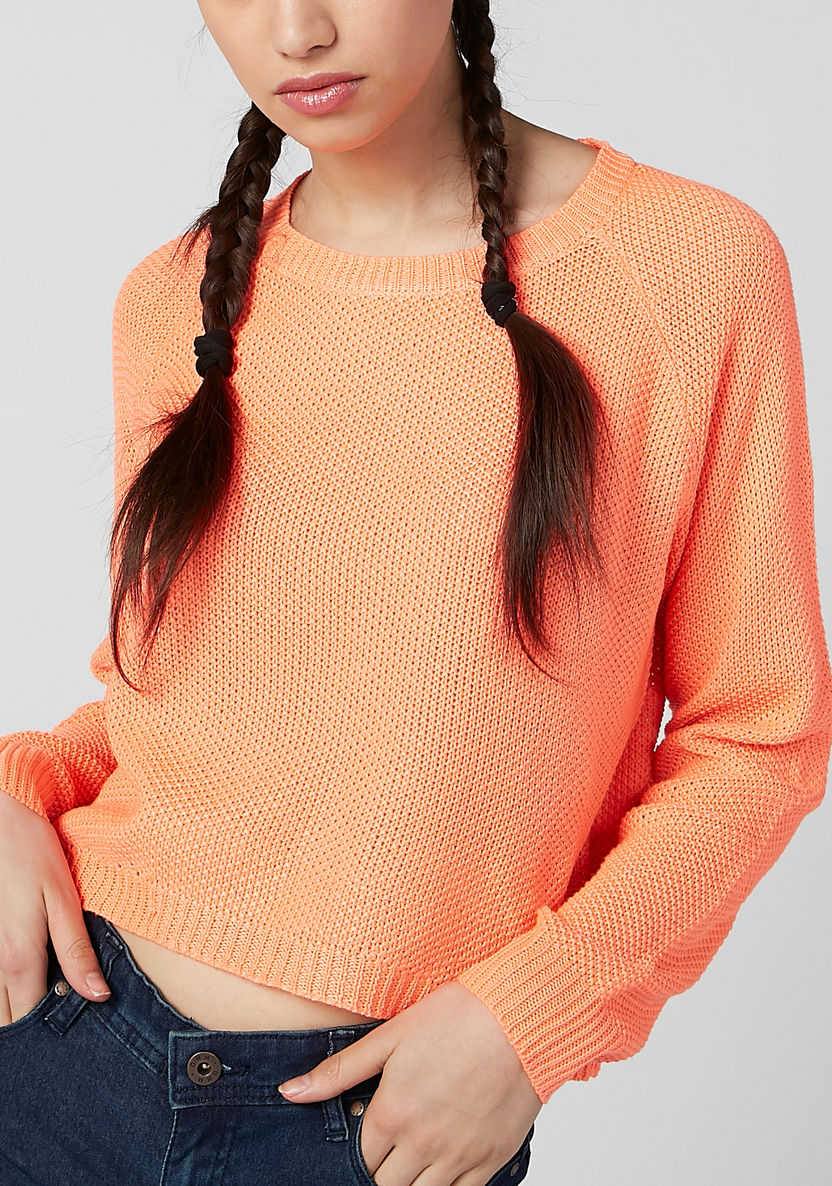 Textured Jumper with Round Neck and Raglan Sleeves-Sweaters-image-2