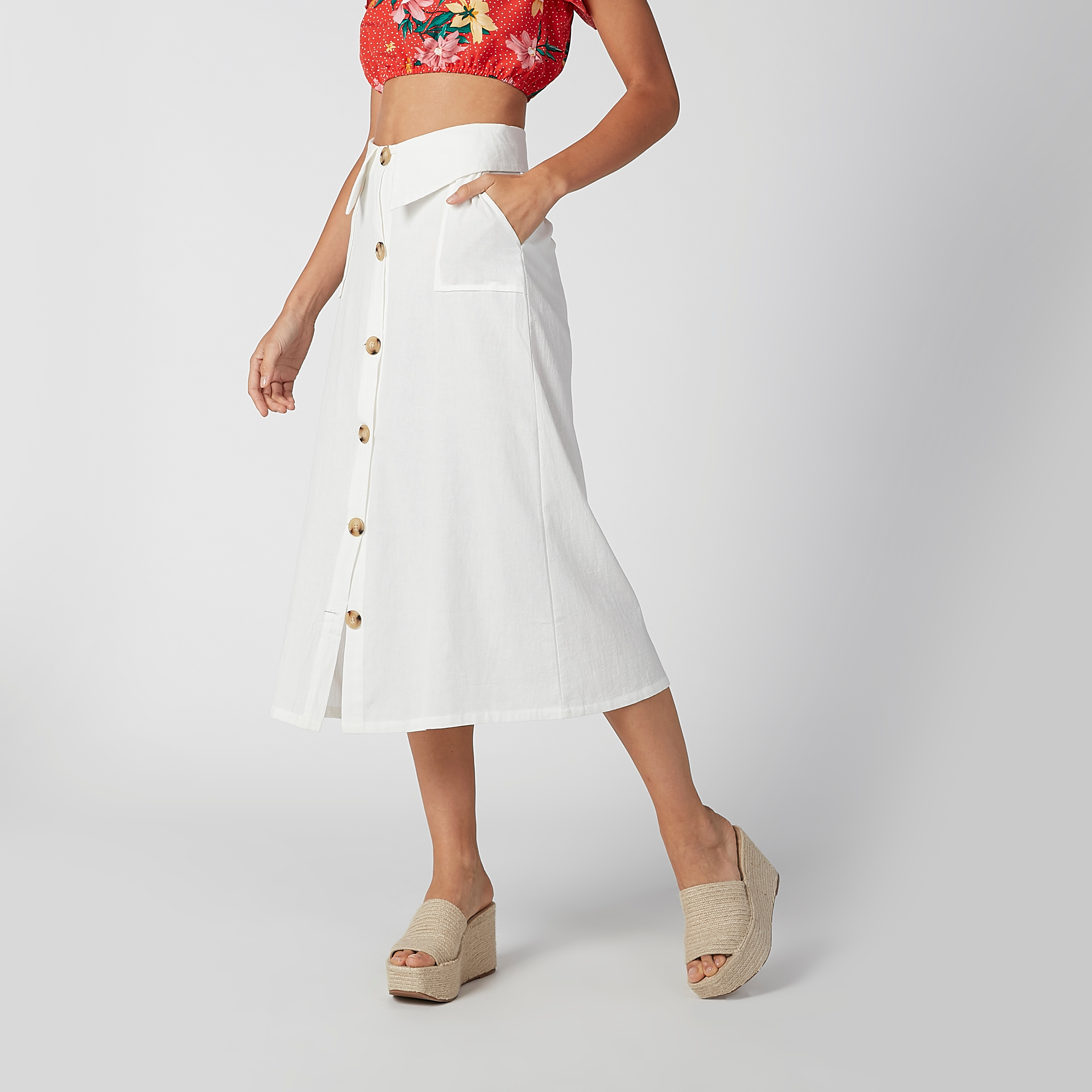 تنورة سادة إيه لاين متوسطة الطول بجيوب وأزرار-women-clothing-bottoms-skirts-image-2