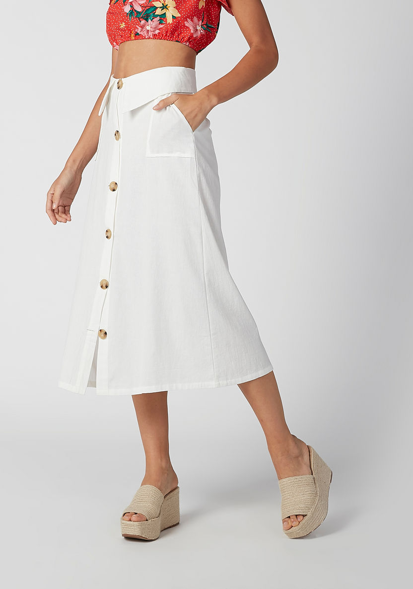 Plain Midi A-Line Skirt with Button and Pocket Detail-Skirts-image-1