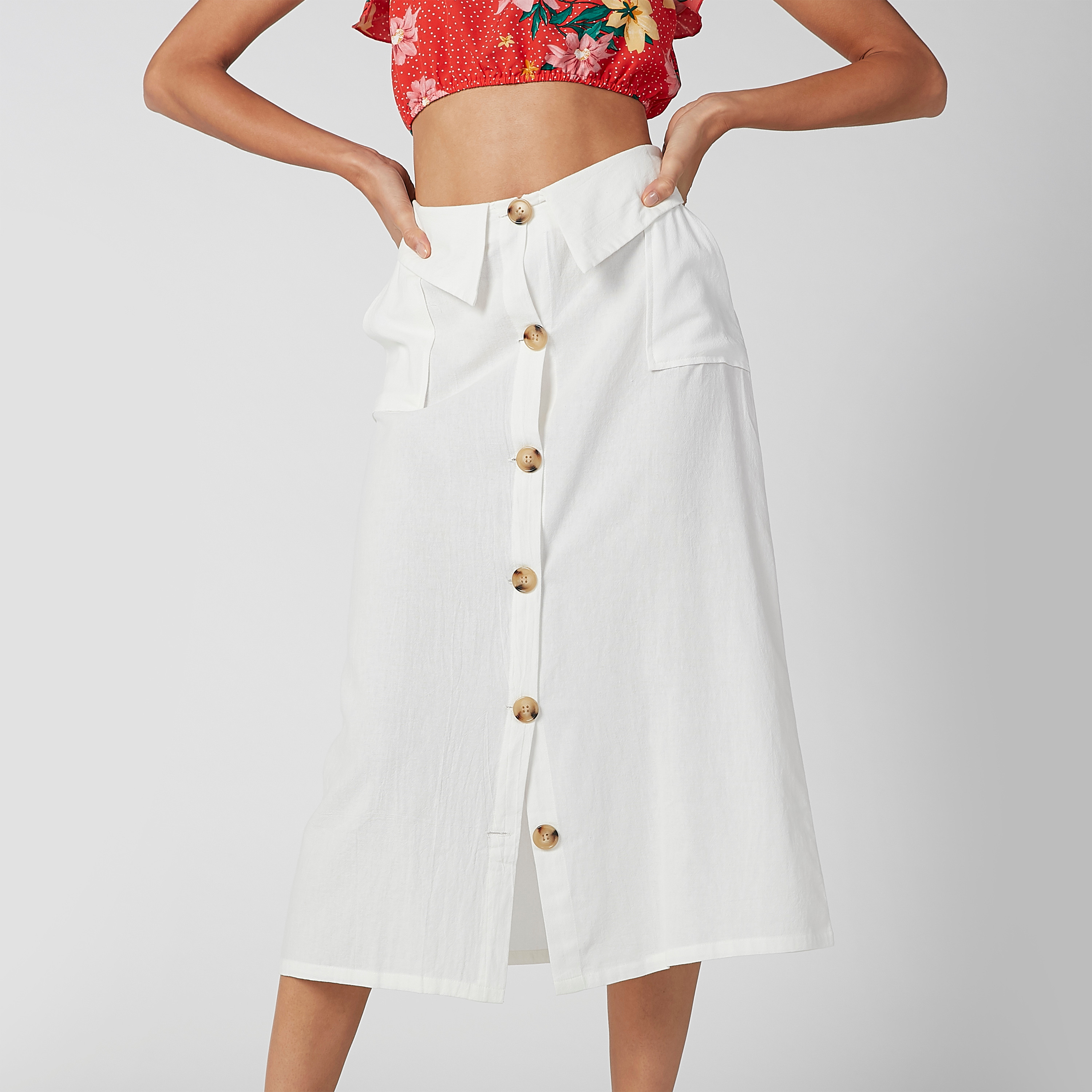 تنورة سادة إيه لاين متوسطة الطول بجيوب وأزرار-women-clothing-bottoms-skirts-image-1