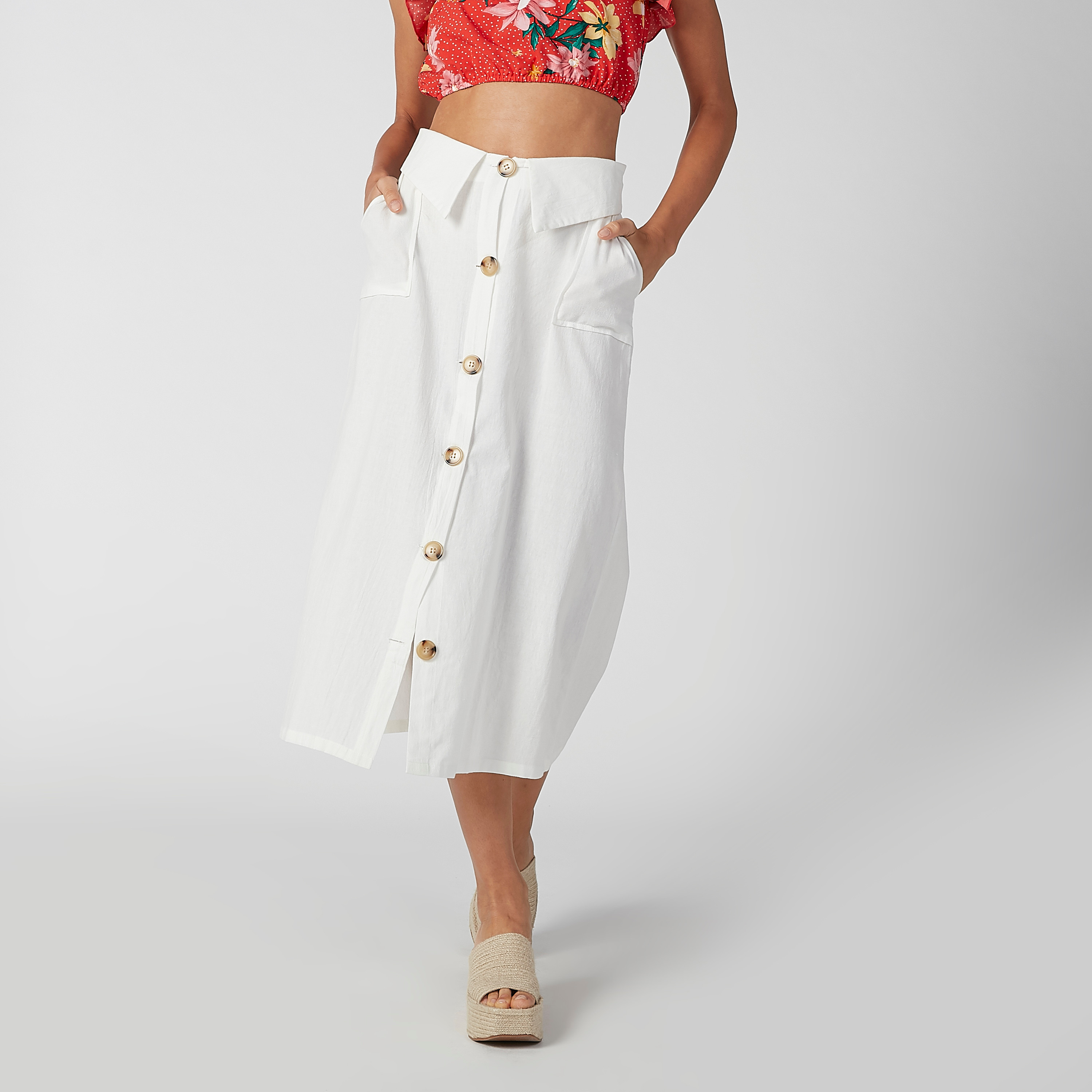 تنورة سادة إيه لاين متوسطة الطول بجيوب وأزرار-women-clothing-bottoms-skirts-image-3